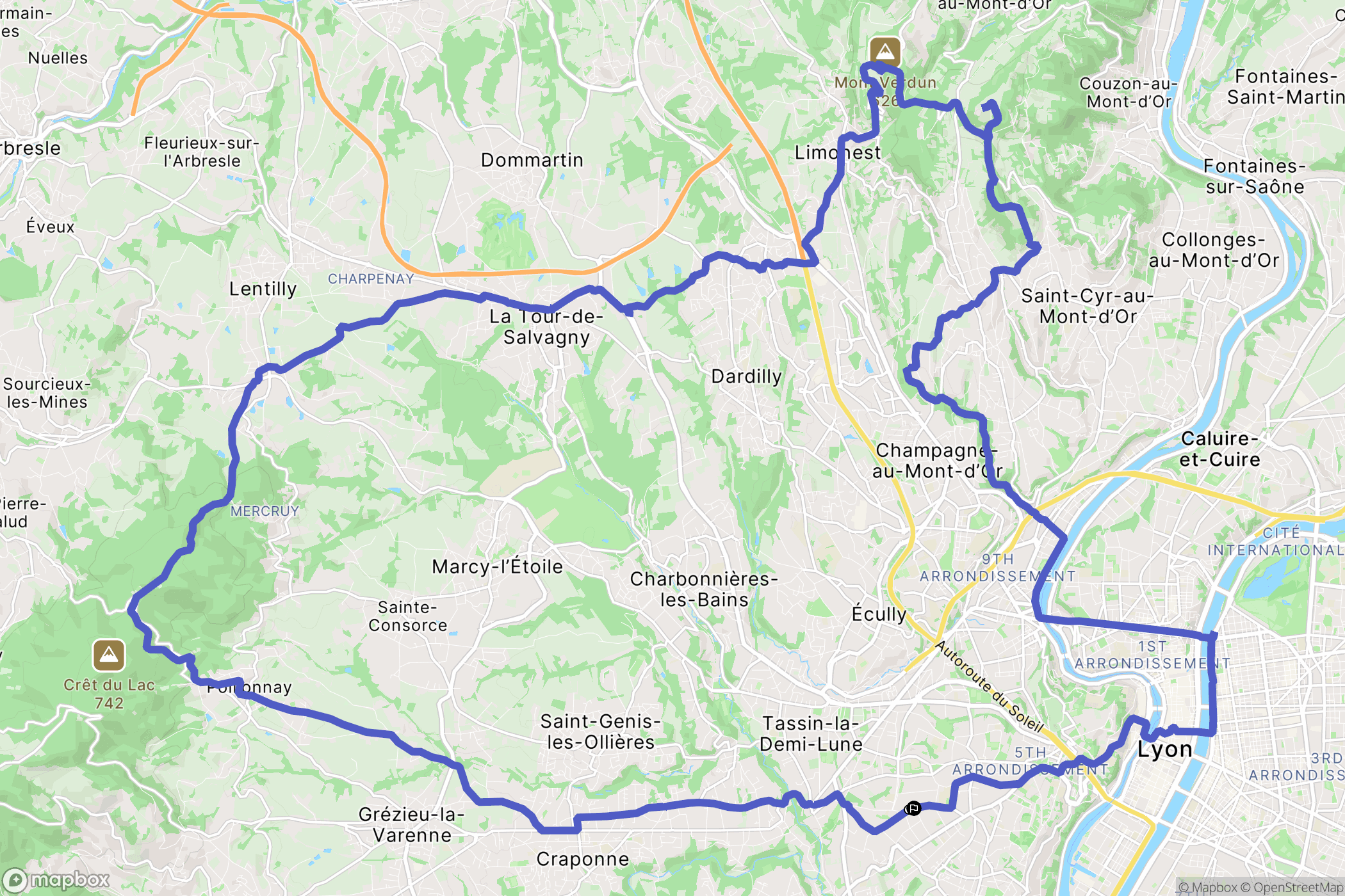 Lyon : carte du parcours de randonnée - France