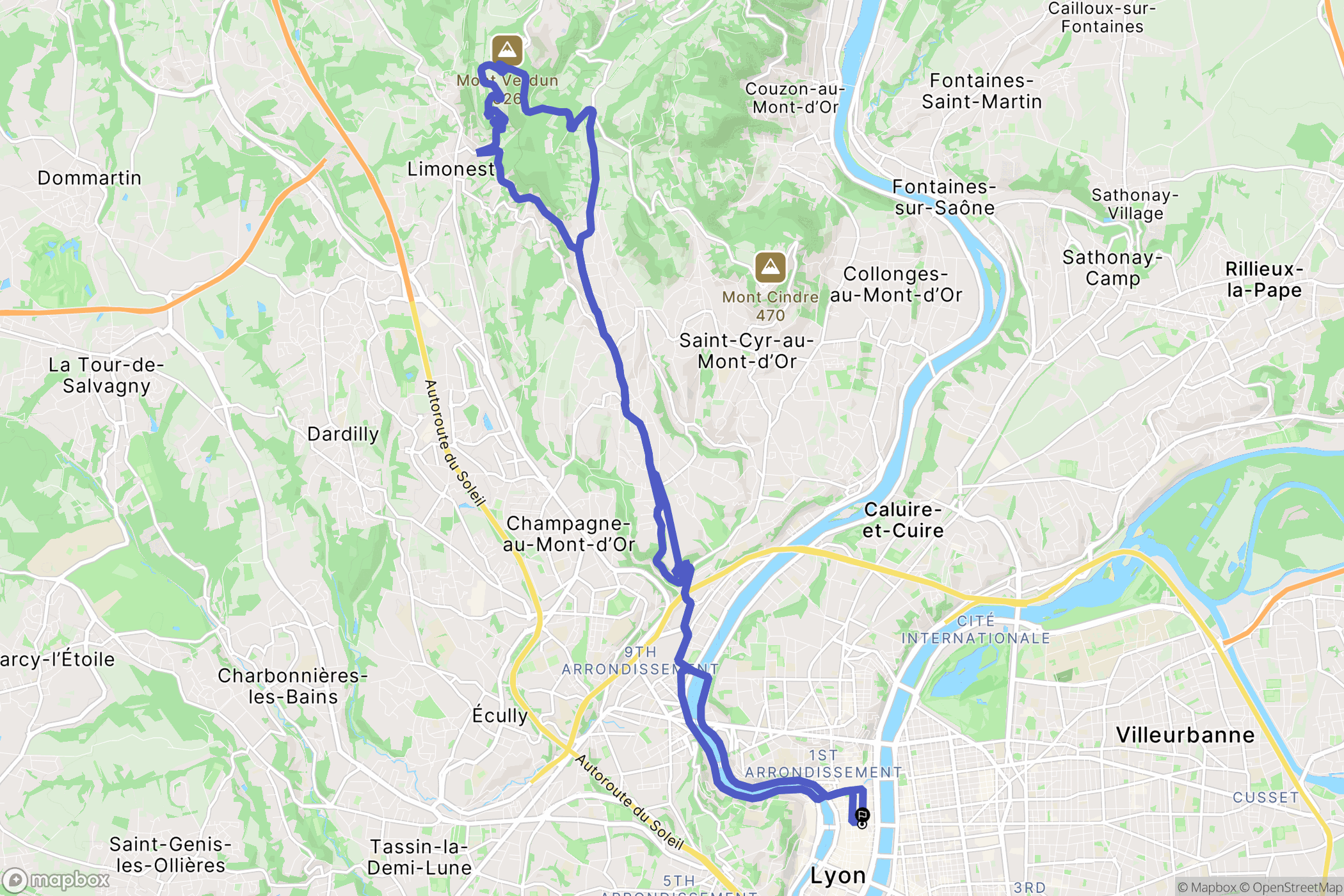 Lyon : carte du parcours de randonnée - France