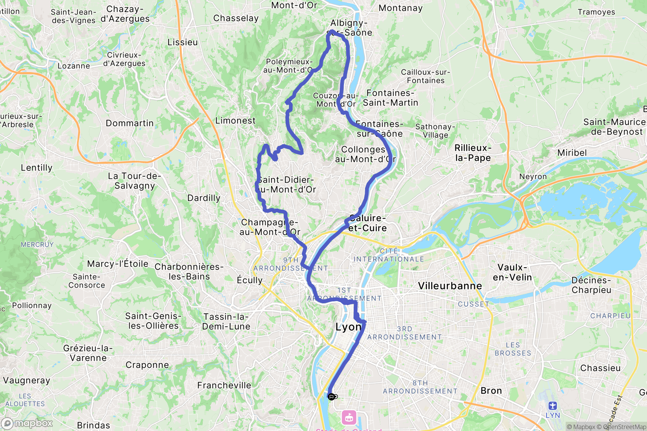 Lyon : carte du parcours de randonnée - France