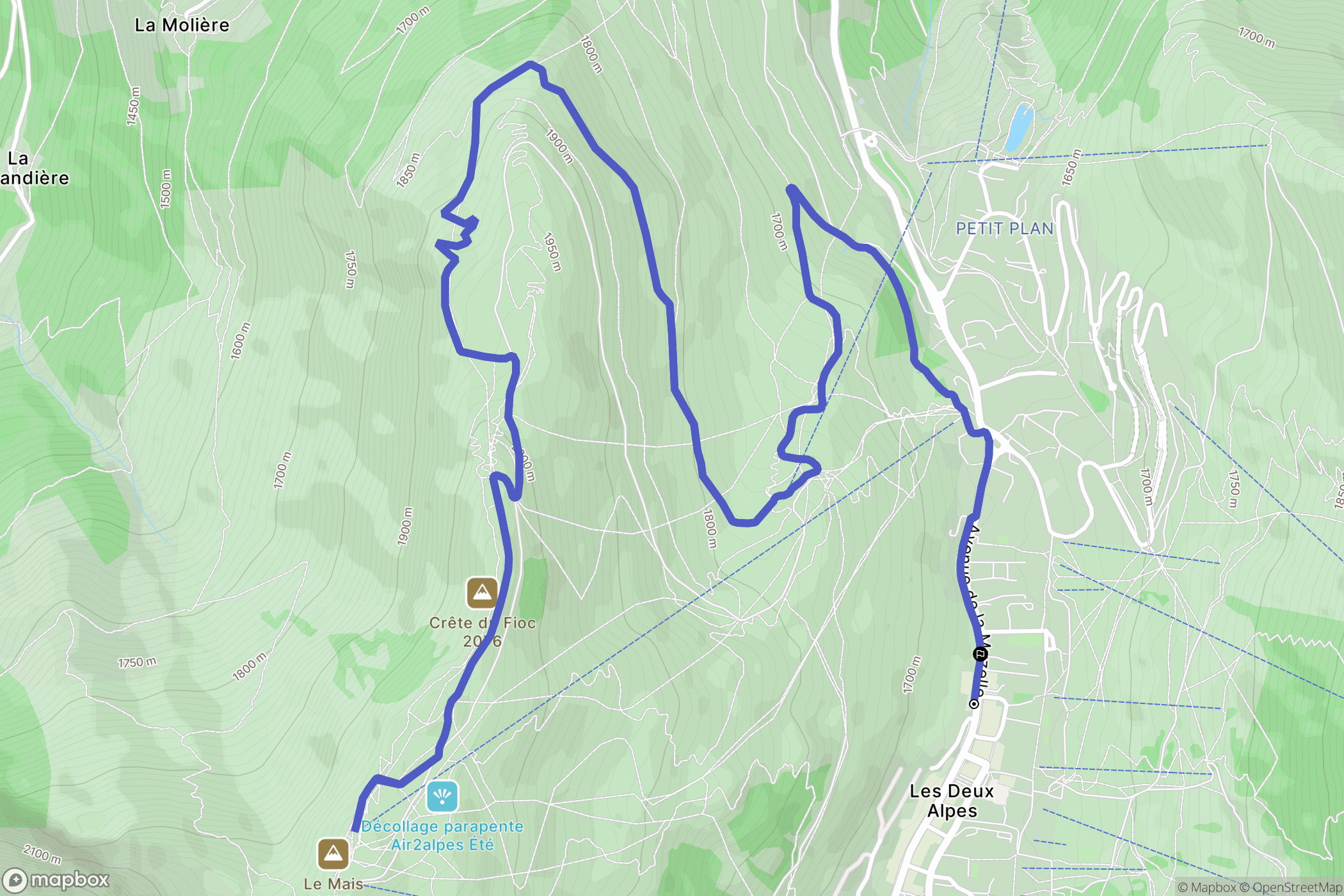 Les Deux Alpes : carte du parcours de randonnée - France