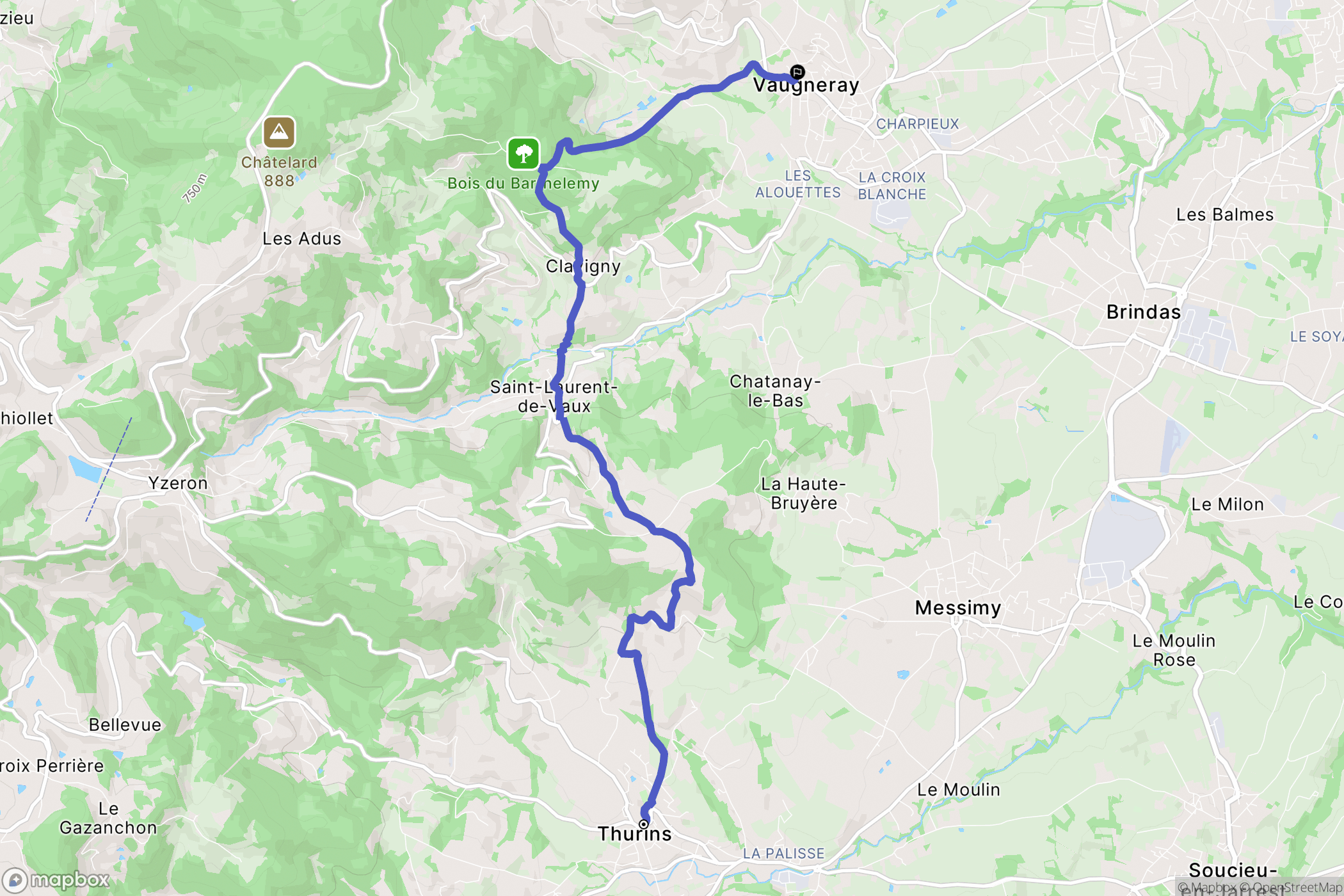Thurins : carte du parcours de randonnée - France