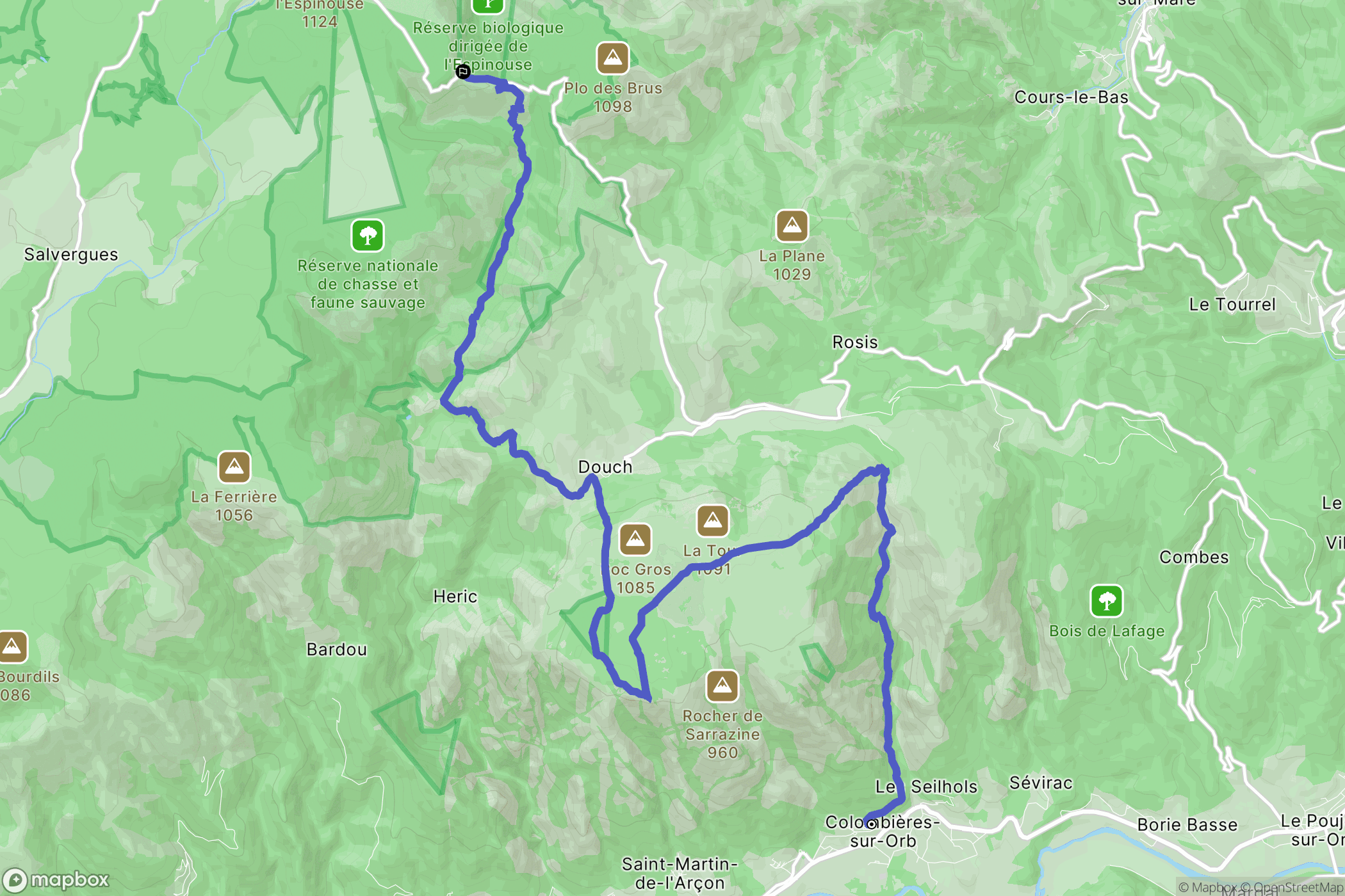 Colombières-sur-Orb : carte du parcours de randonnée - France