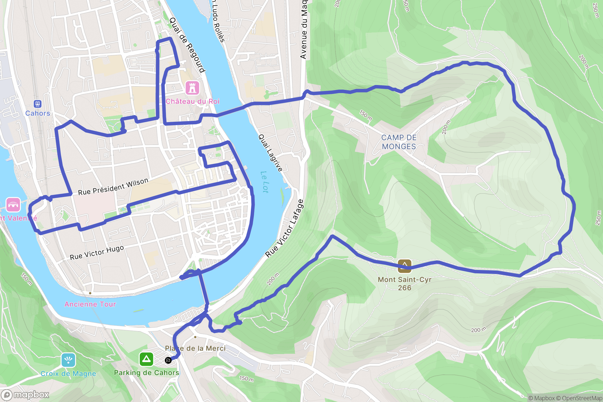 Cahors : carte du parcours de randonnée - France