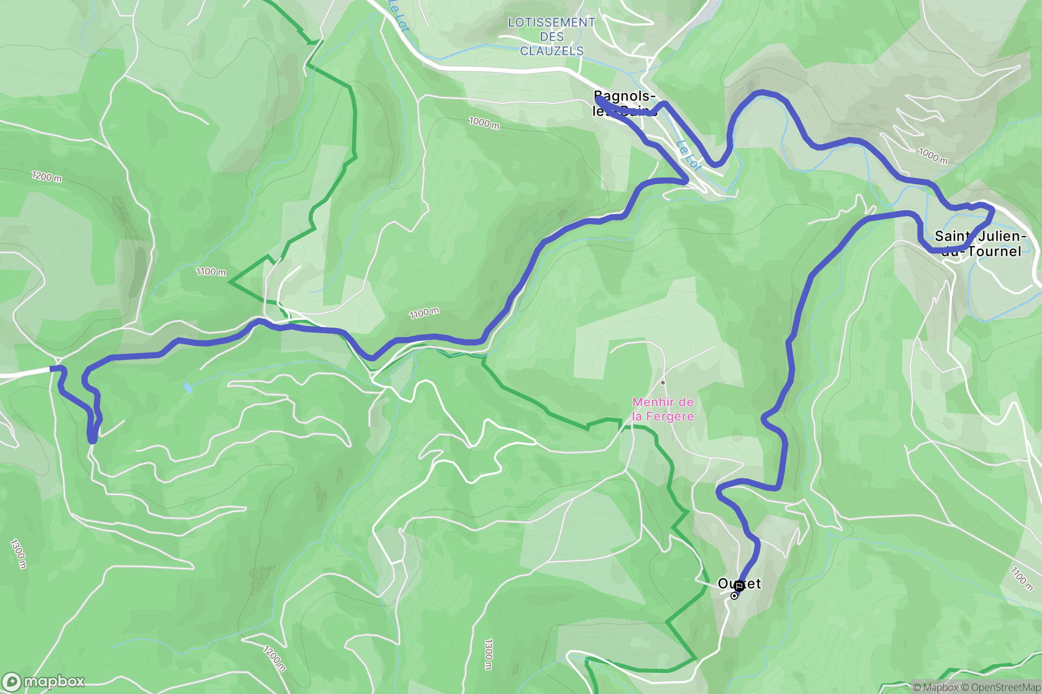Mont Lozère et Goulet : carte du parcours de randonnée - France