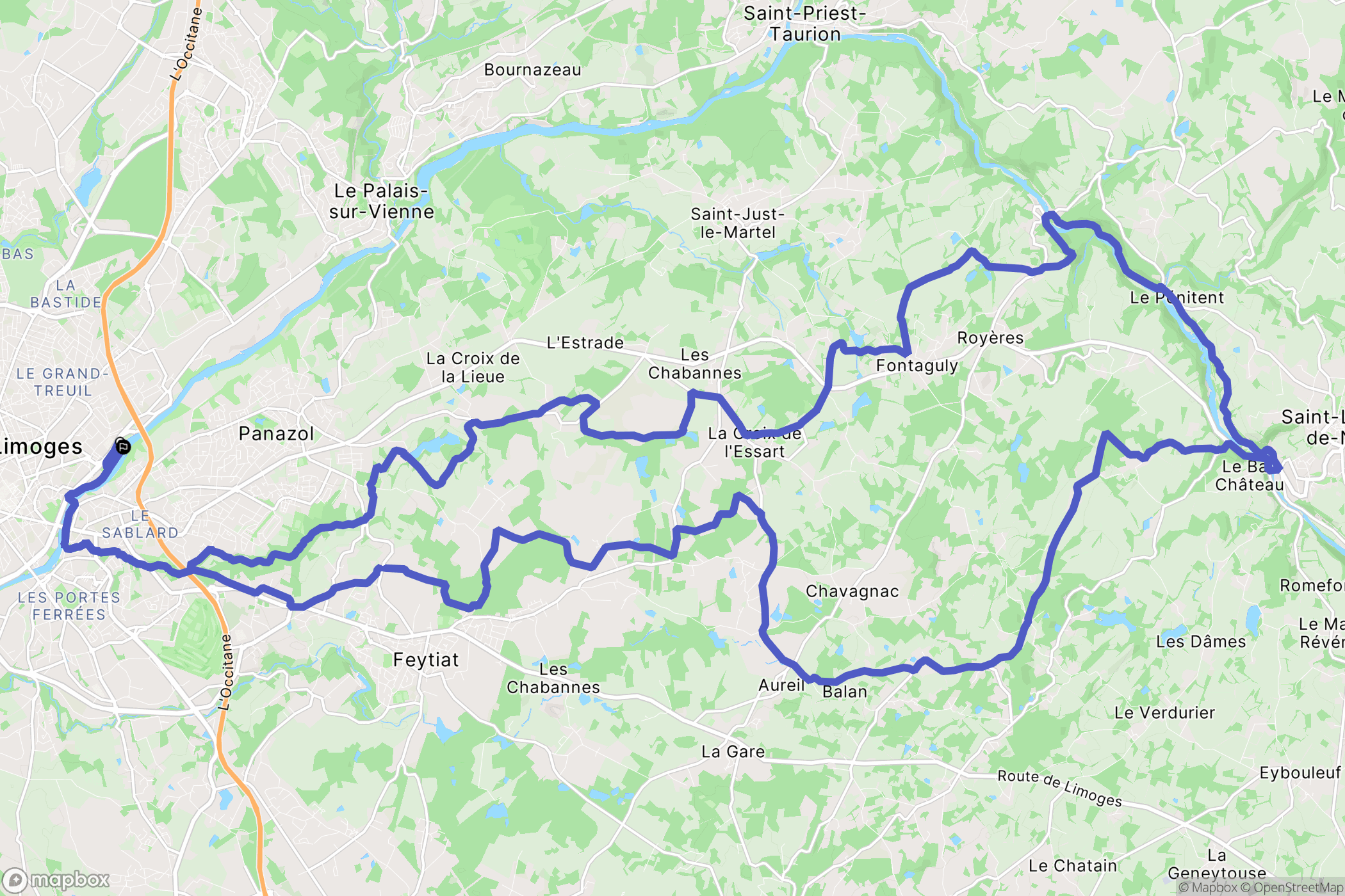 Limoges : carte du parcours de randonnée - France
