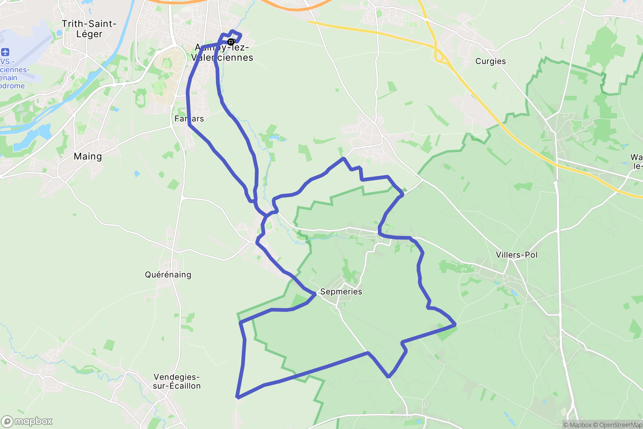 Aulnoy-Lez-Valenciennes : carte du parcours de randonnée - France