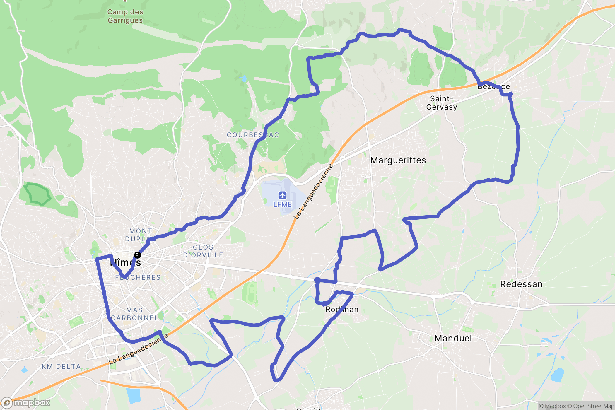 Nîmes : carte du parcours de randonnée - France