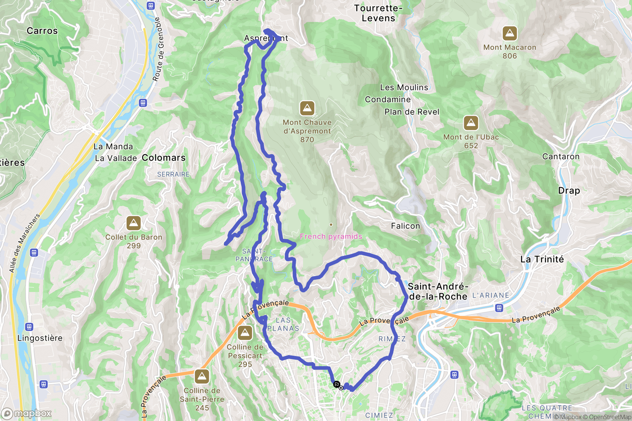 Nice : carte du parcours de randonnée - France