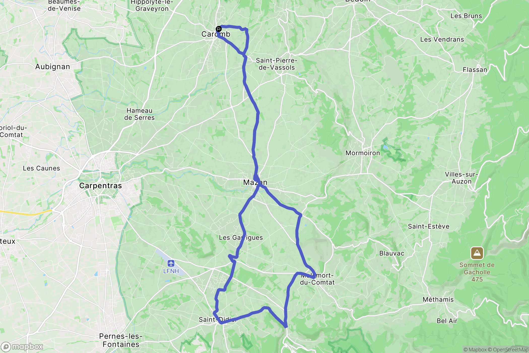 Caromb : carte du parcours de randonnée - France