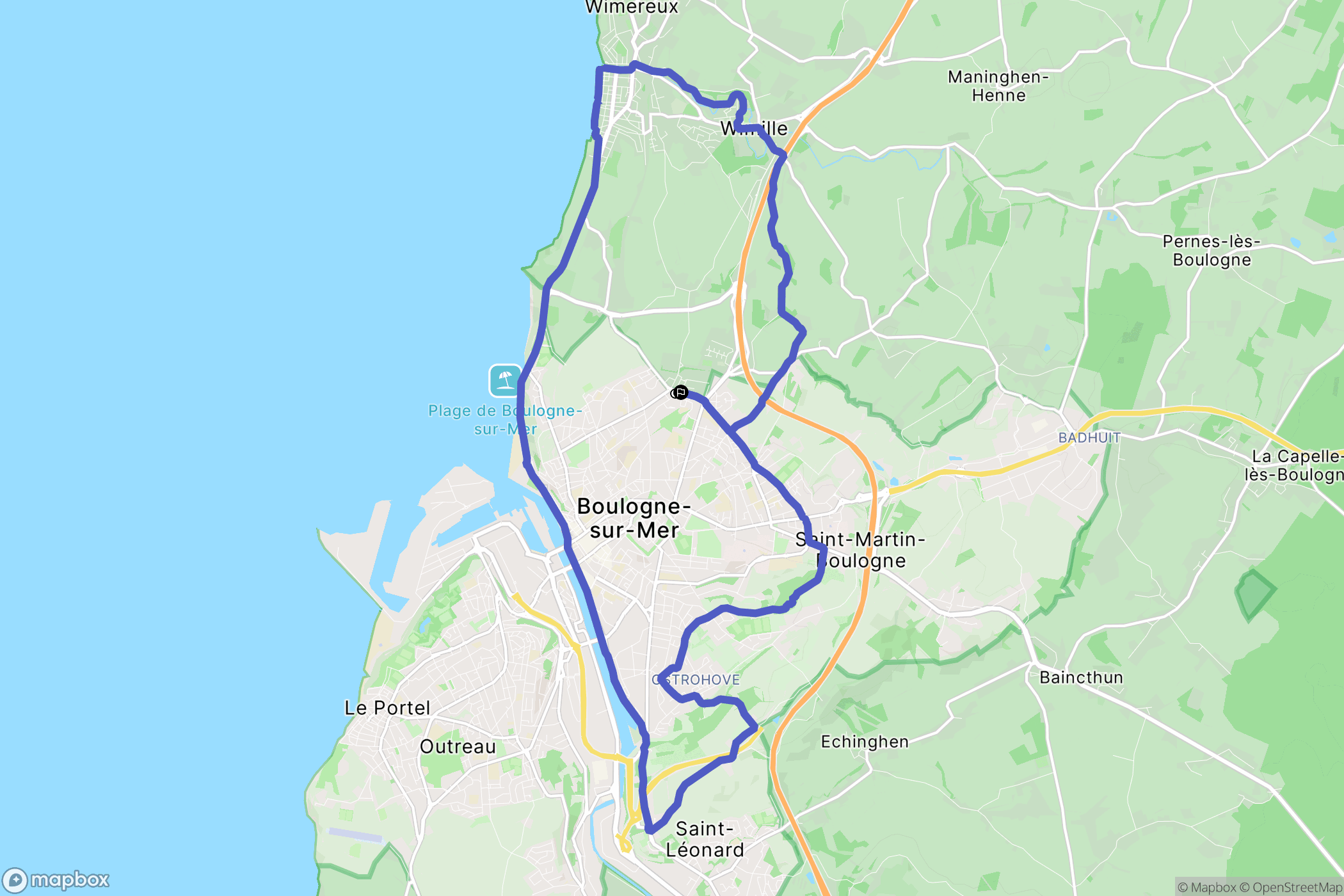 Boulogne-sur-Mer : carte du parcours de randonnée - France