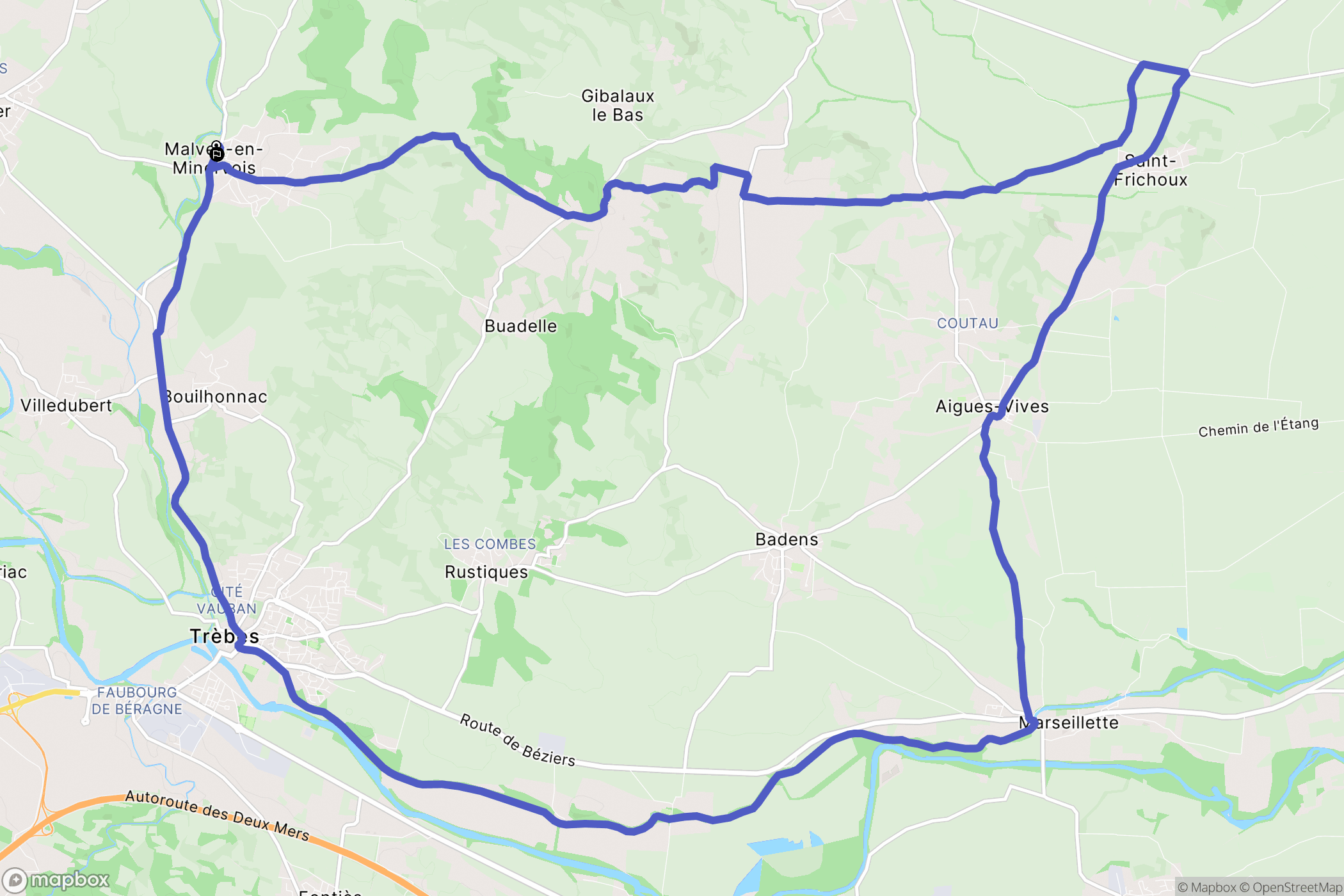 Malves-en-Minervois : carte du parcours de randonnée - France