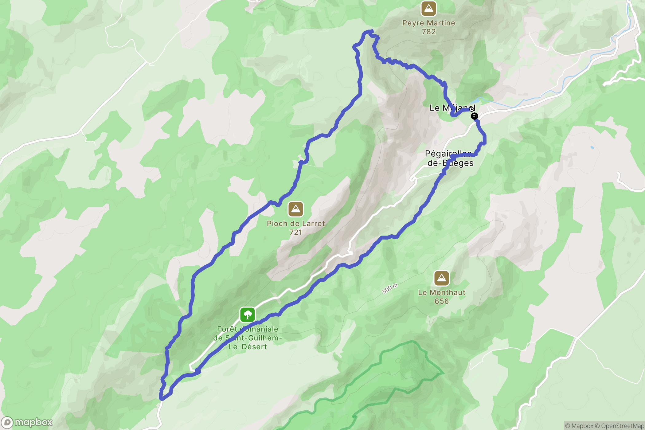 Pégairolles-de-Buèges : carte du parcours de randonnée - France