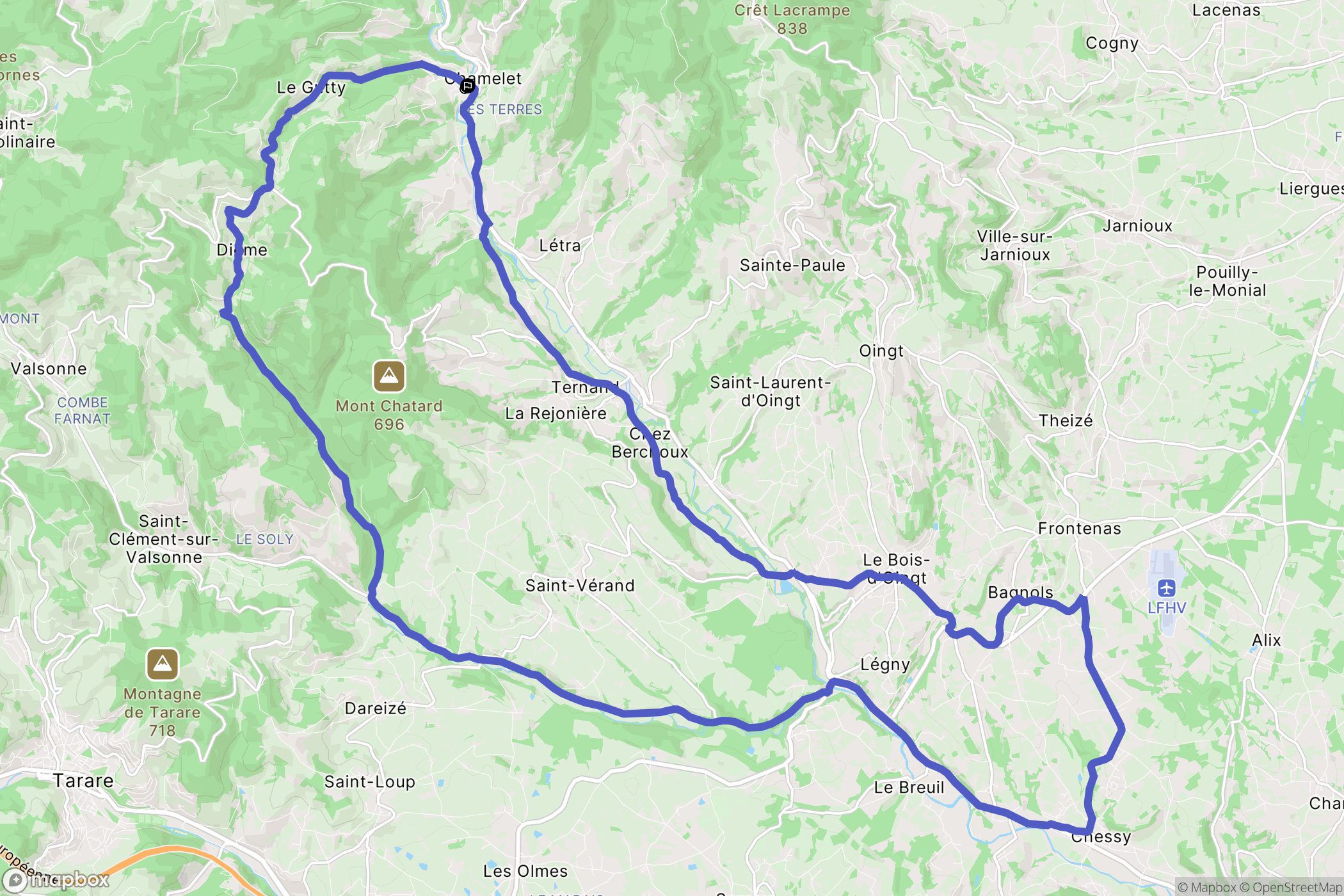 Chamelet : carte du parcours de randonnée - France