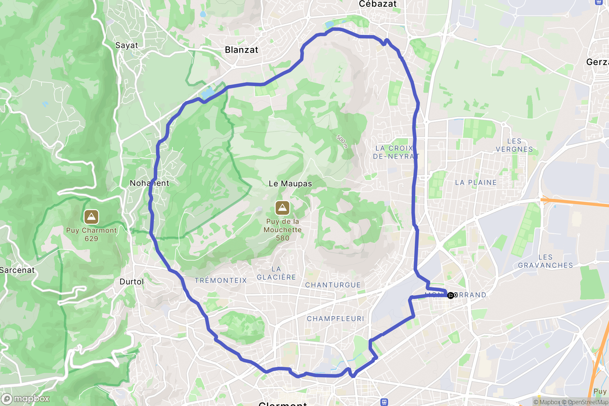 Clermont-Ferrand : carte du parcours de randonnée - France