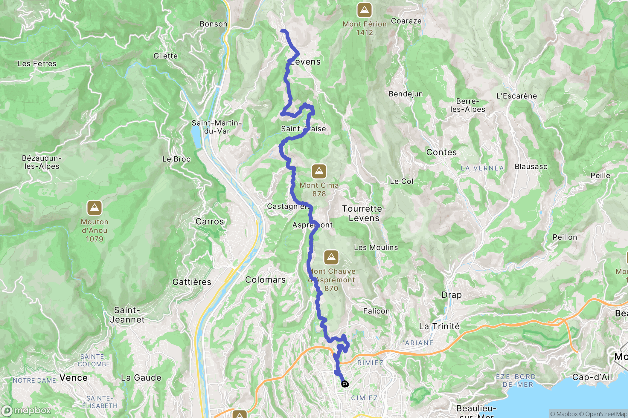 Nice : carte du parcours de randonnée - France