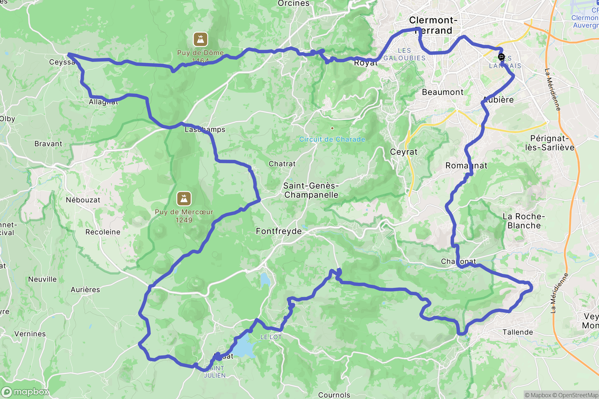 Clermont-Ferrand : carte du parcours de randonnée - France