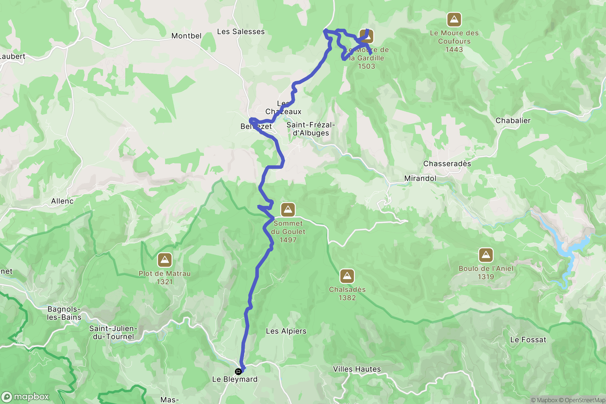 Mont Lozère et Goulet : carte du parcours de randonnée - France