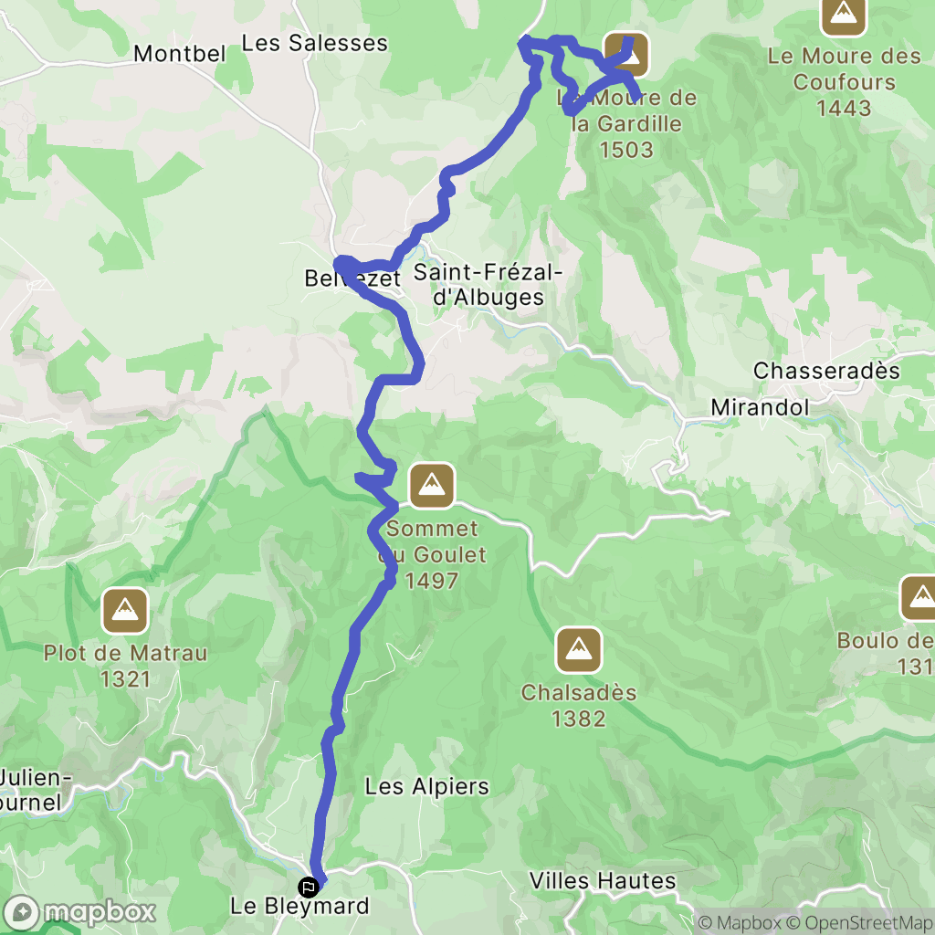 Mont Lozère et Goulet : carte du parcours de randonnée - France
