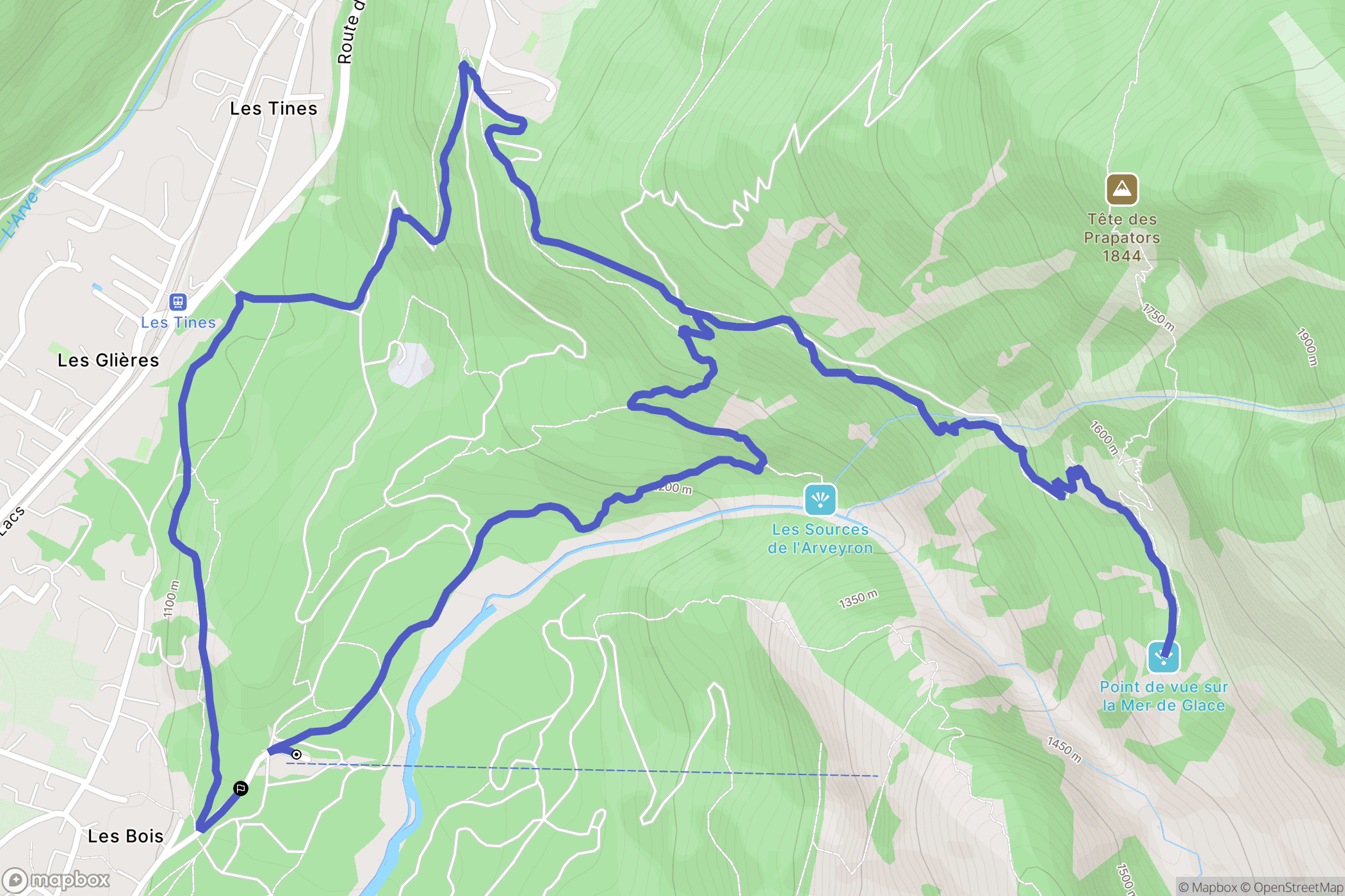 Chamonix-Mont-Blanc : carte du parcours de randonnée - France