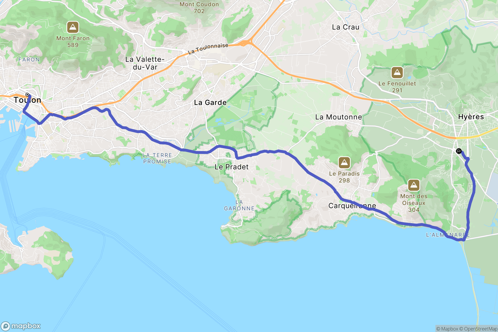 Toulon : carte du parcours de randonnée - France