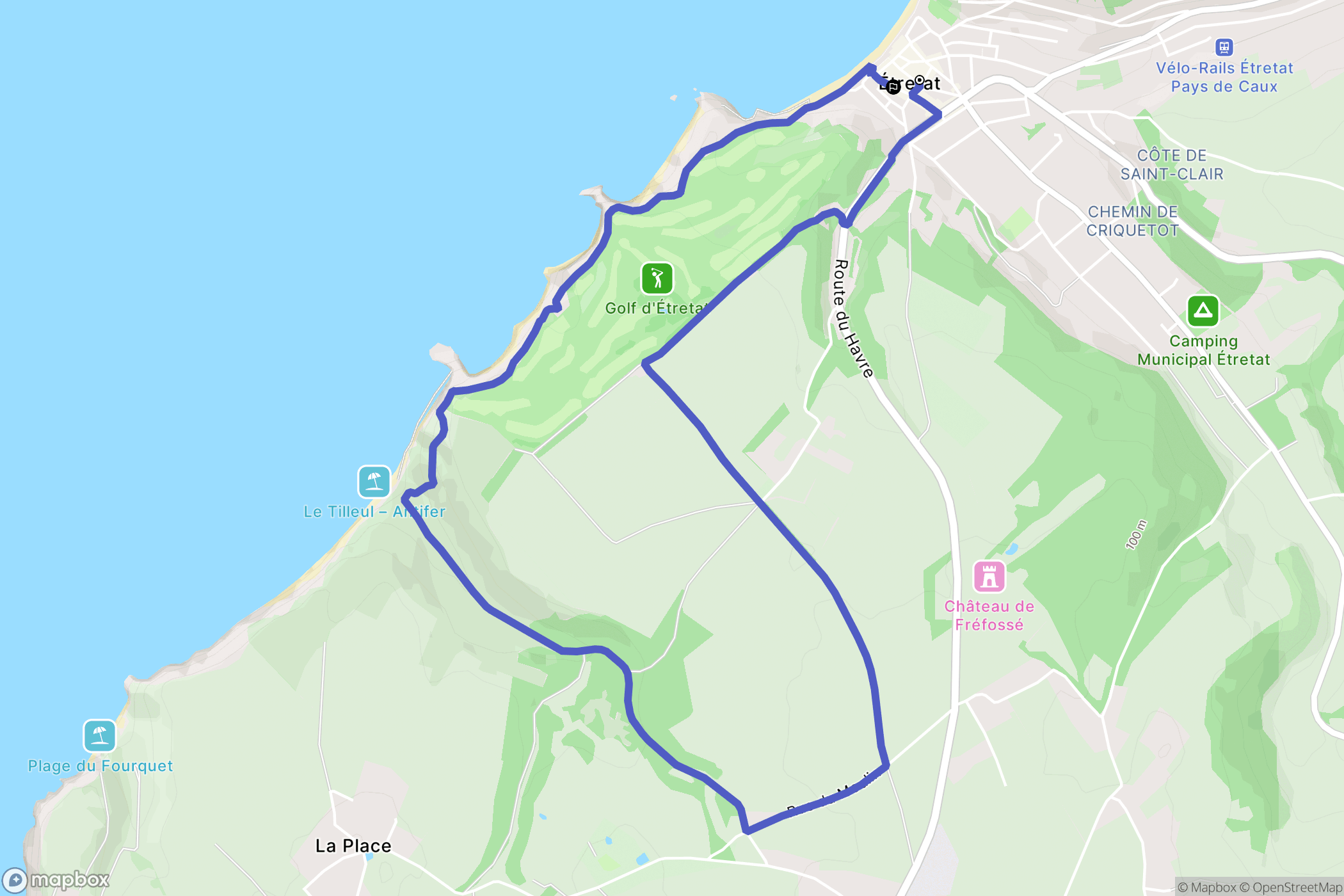 Étretat : carte du parcours de randonnée - France