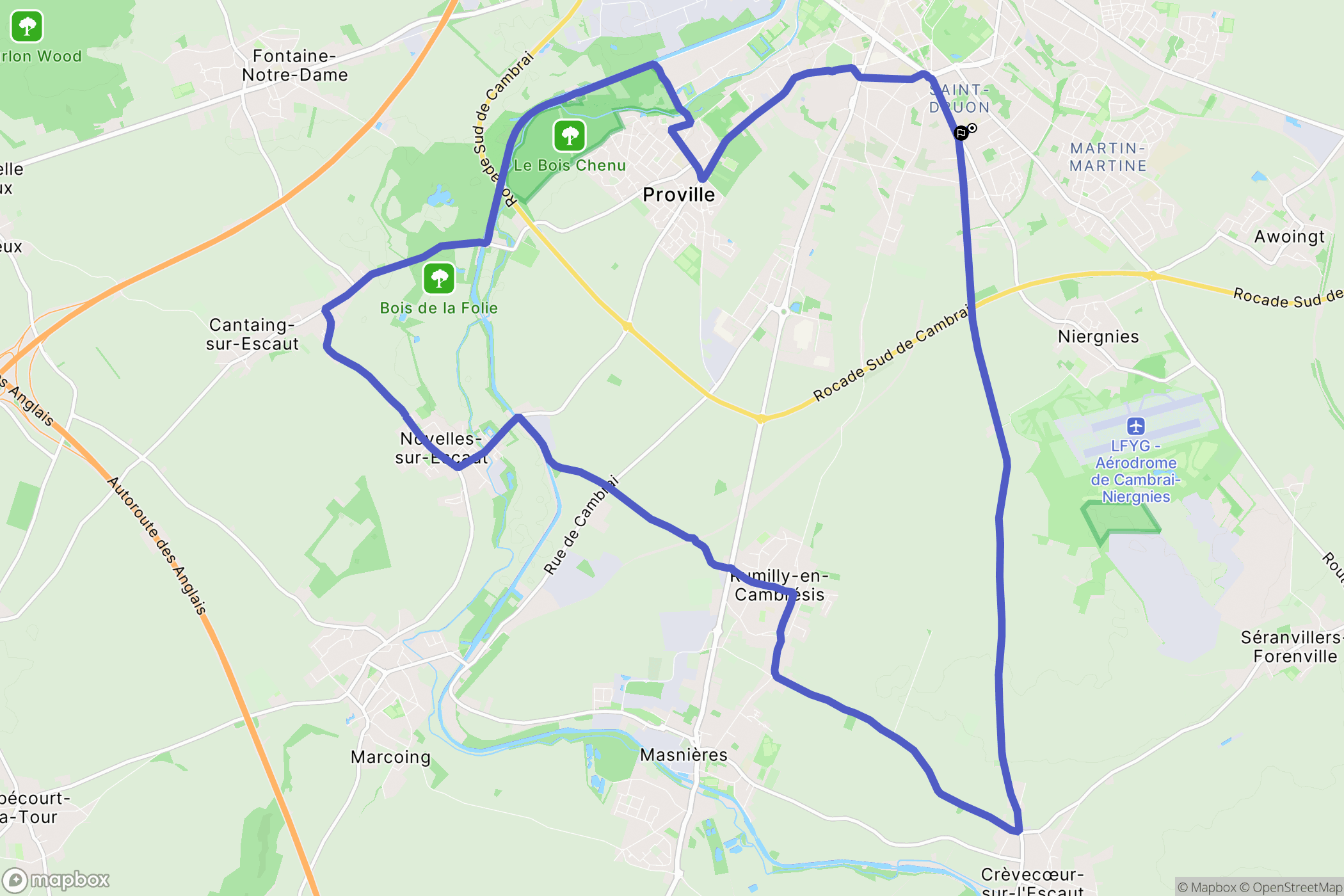 Cambrai : carte du parcours de randonnée - France