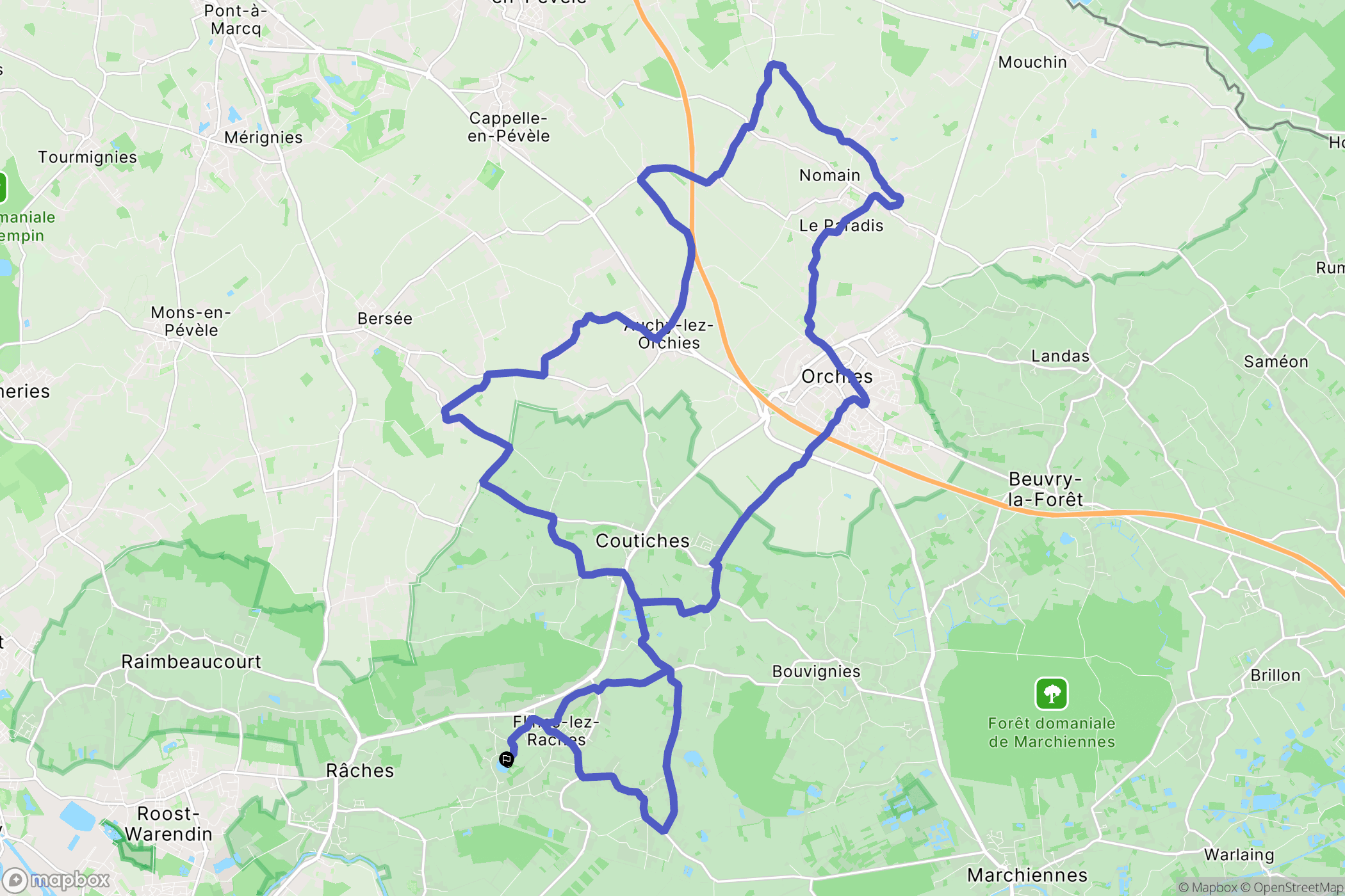 Flines-lez-Raches : carte du parcours de randonnée - France