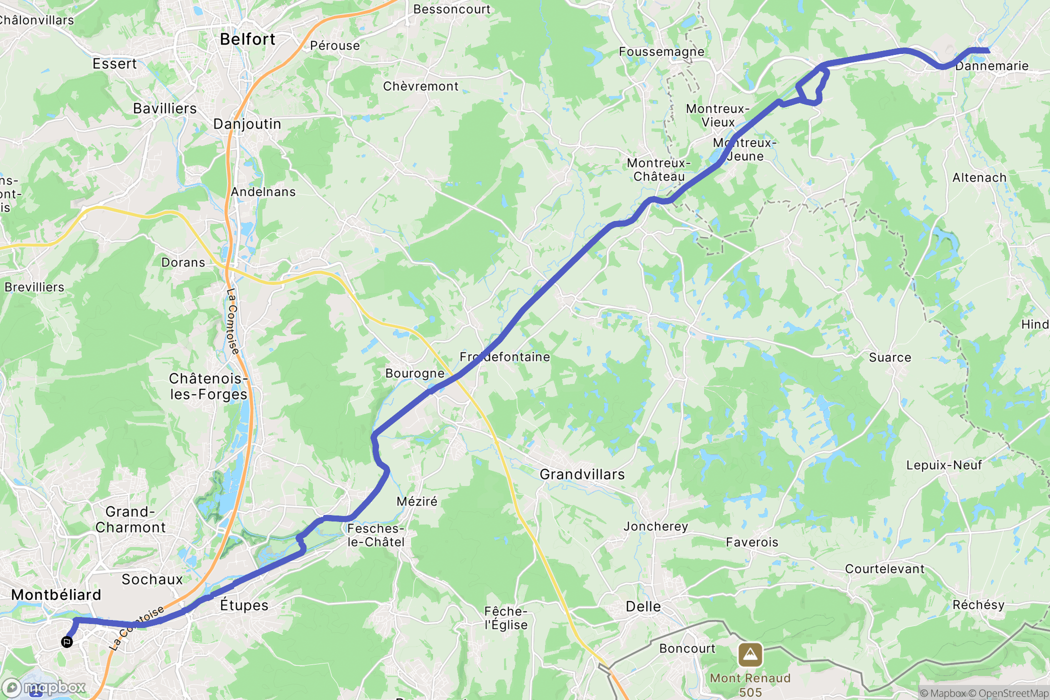 Montbéliard : carte du parcours de randonnée - France