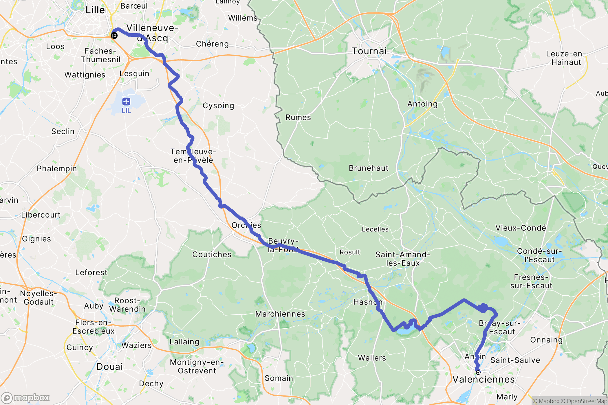 Valenciennes : carte du parcours de randonnée - France