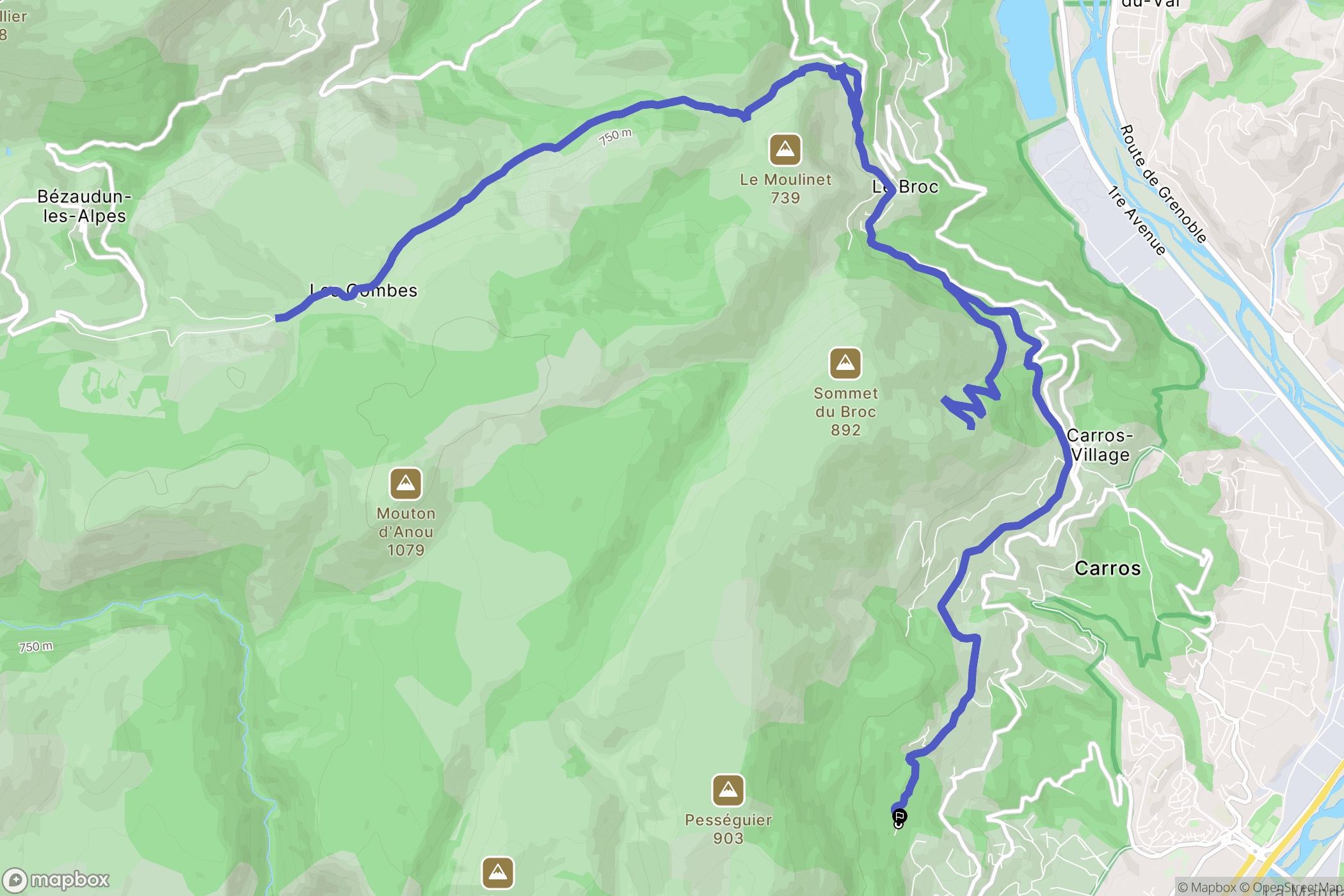 Gattières : carte du parcours de randonnée - France