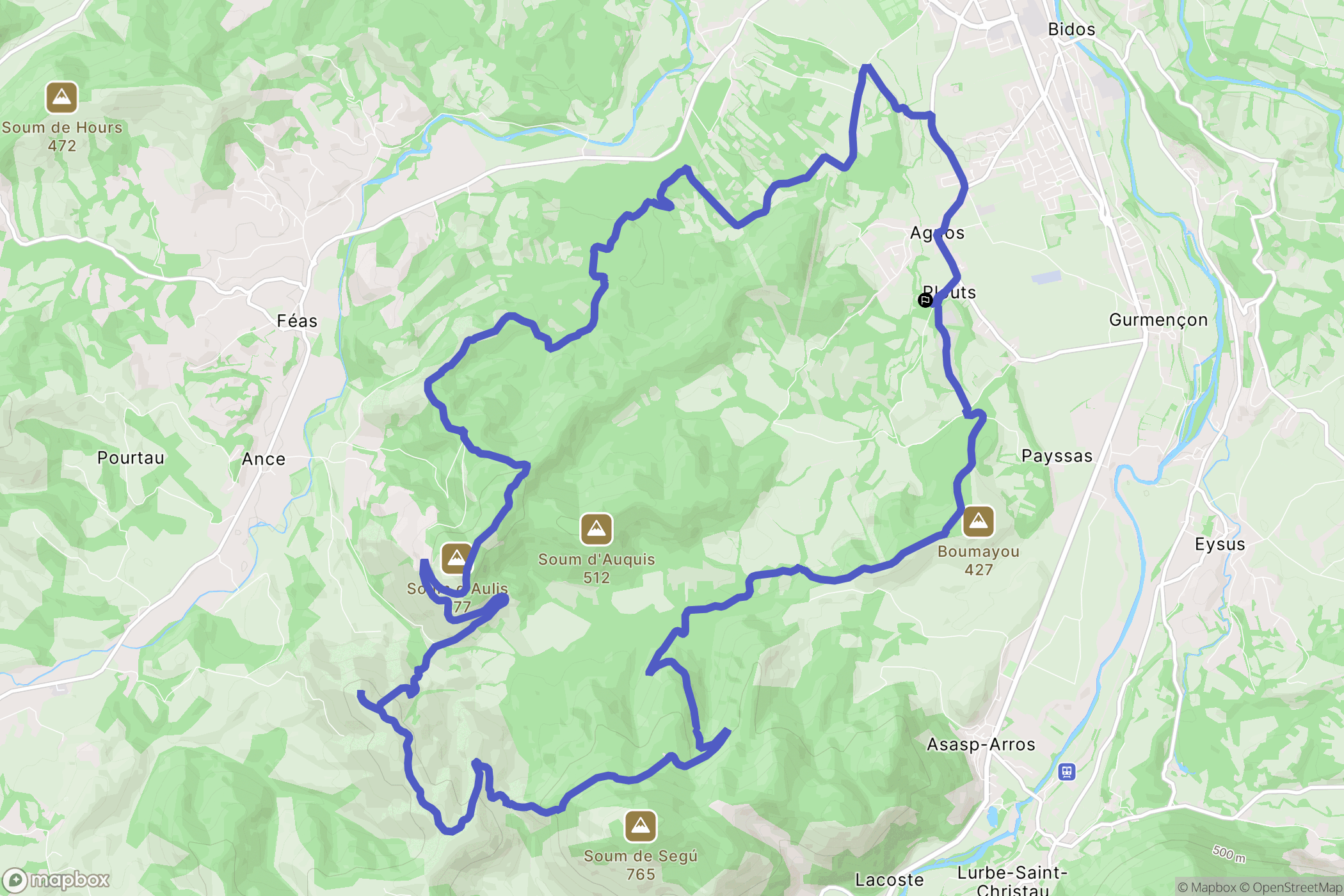 Agnos : carte du parcours de randonnée - France
