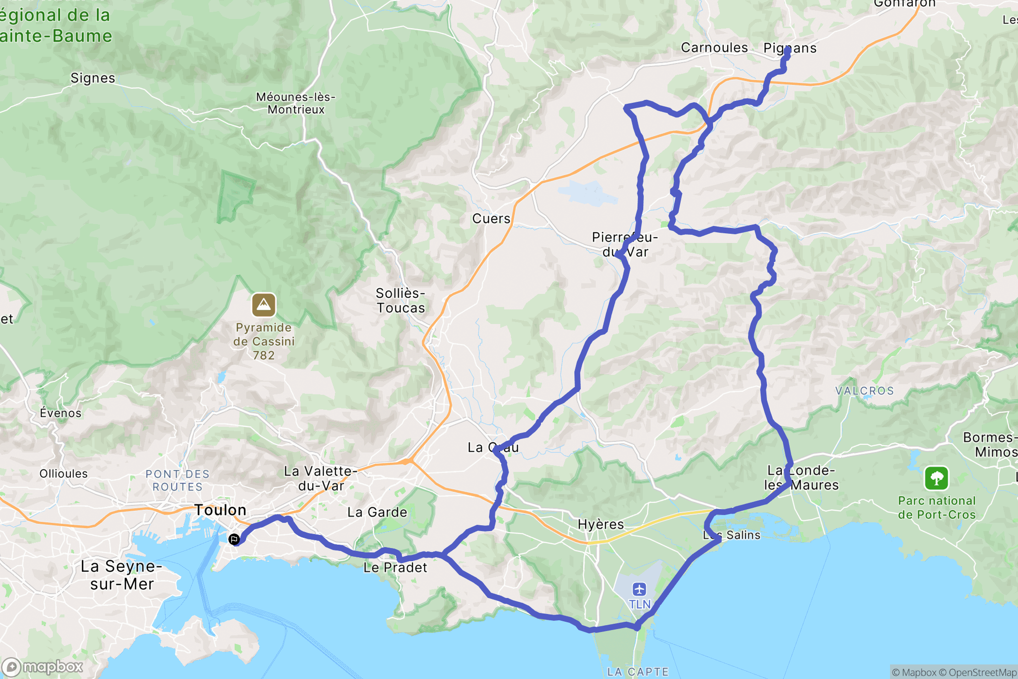 Toulon : carte du parcours de randonnée - France