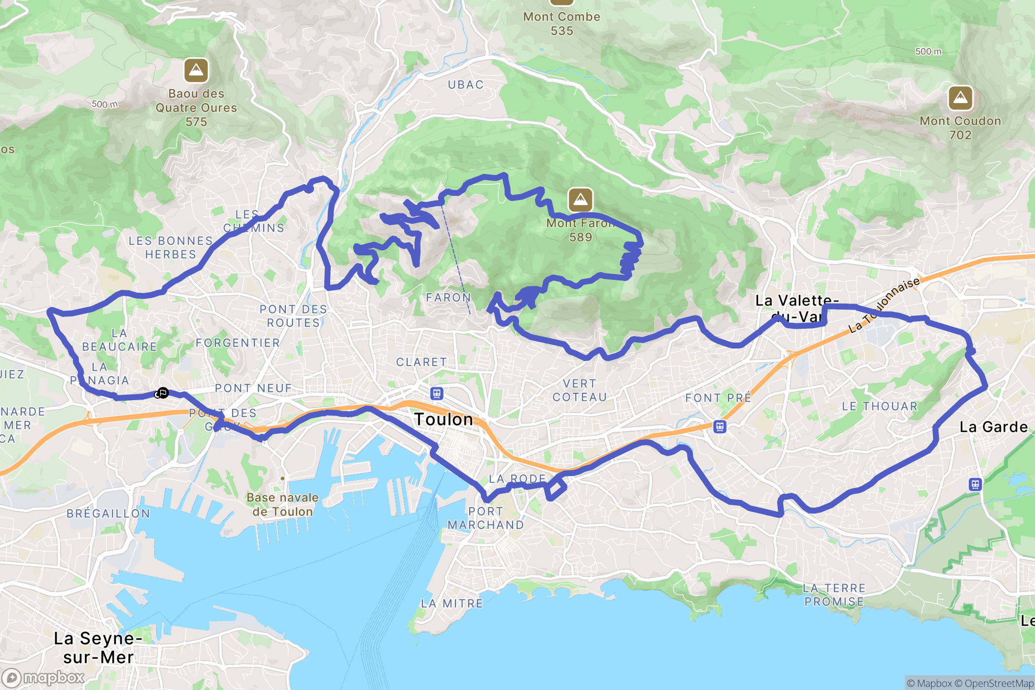 Toulon : carte du parcours de randonnée - France