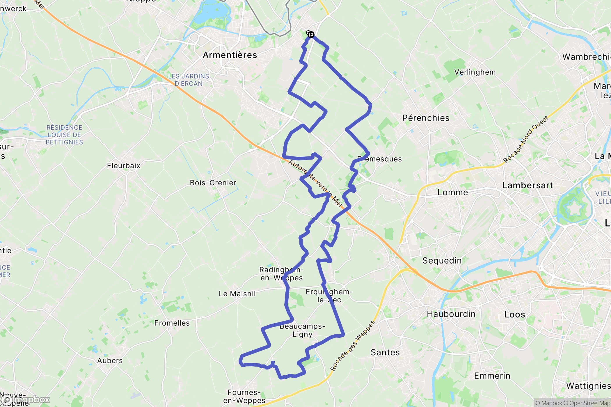 Houplines : carte du parcours de randonnée - France