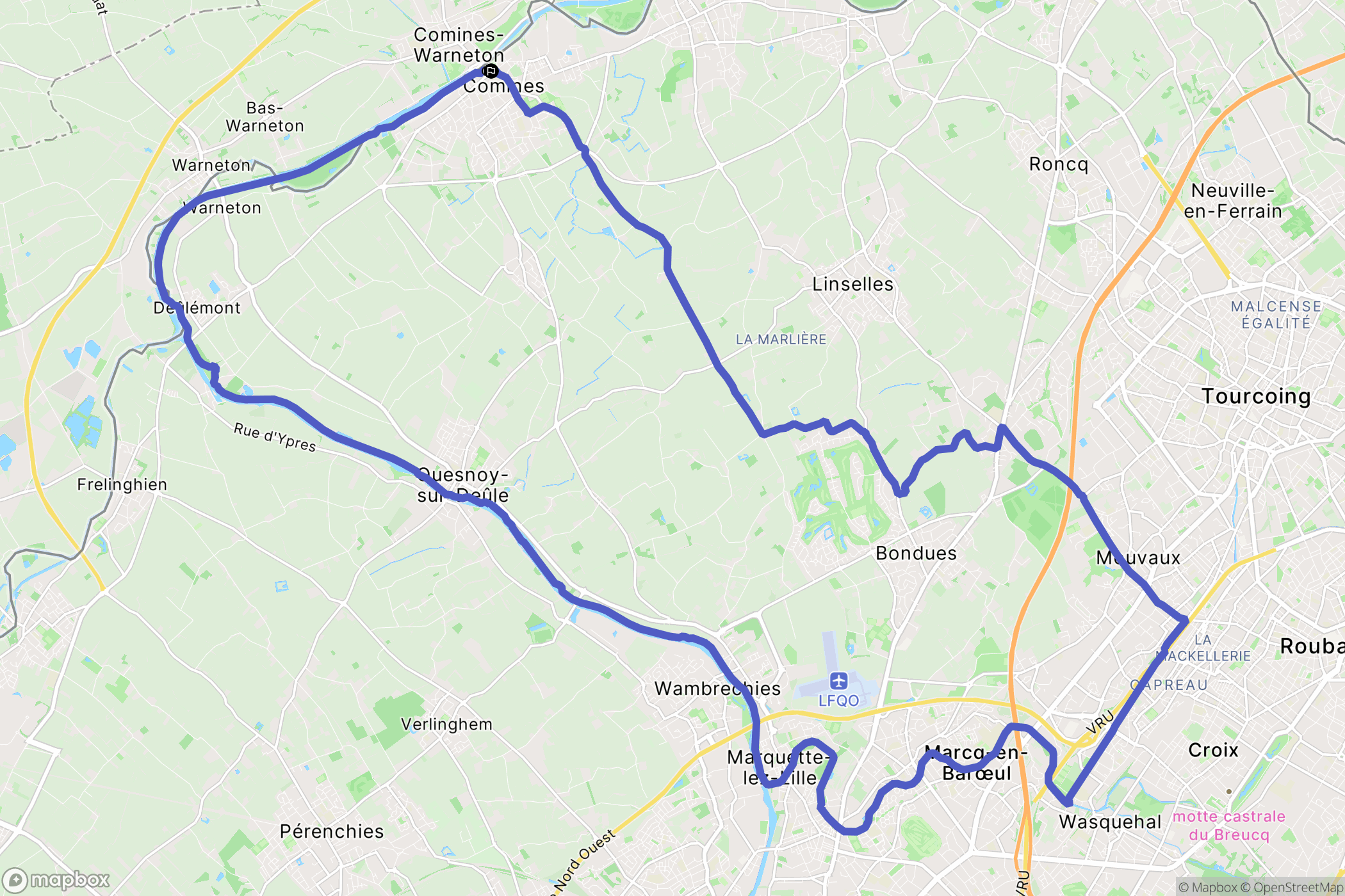 Comines : carte du parcours de randonnée - France