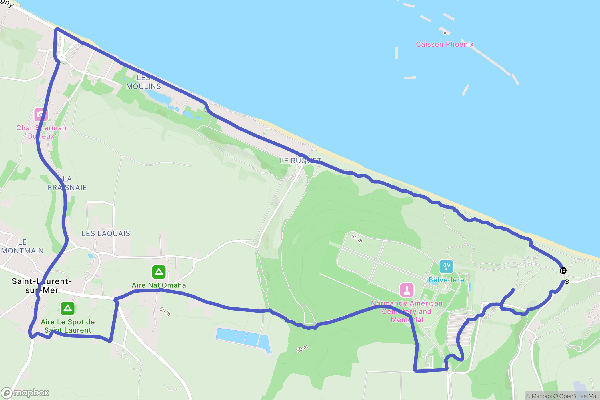 Colleville-sur-Mer : carte du parcours de randonnée - France