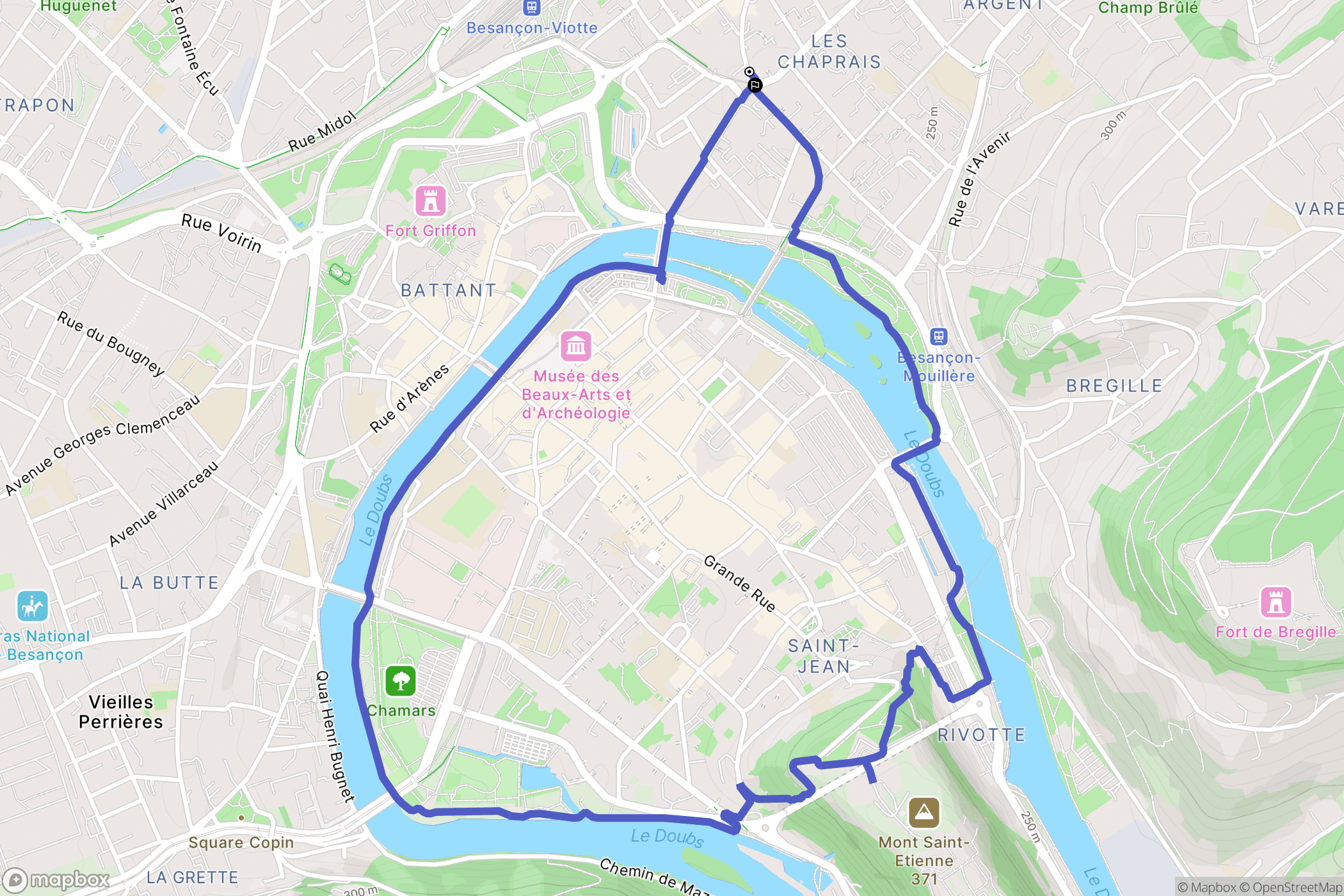 Besançon : carte du parcours de randonnée - France