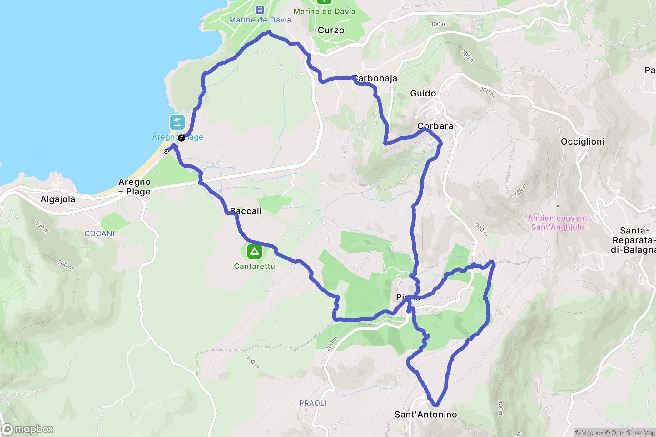Aregno : carte du parcours de randonnée - France