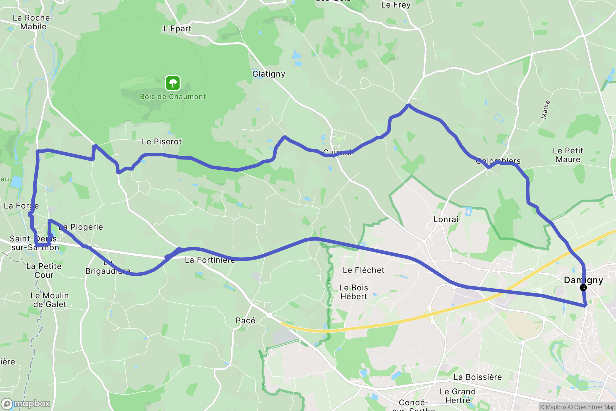 Damigny : carte du parcours de randonnée - France