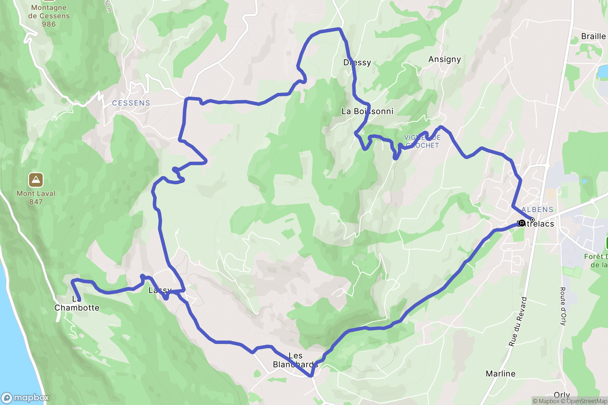 Entrelacs : carte du parcours de randonnée - France