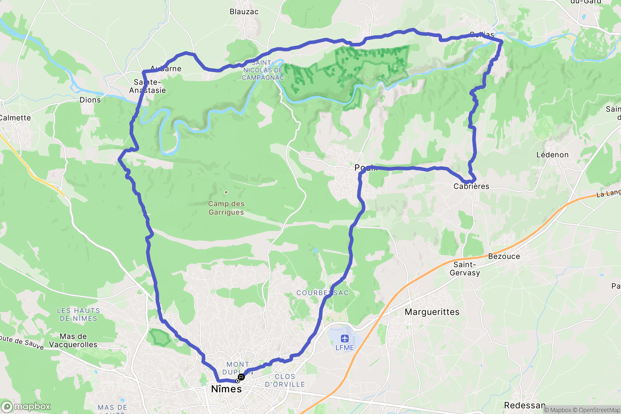 Nîmes : carte du parcours de randonnée - France
