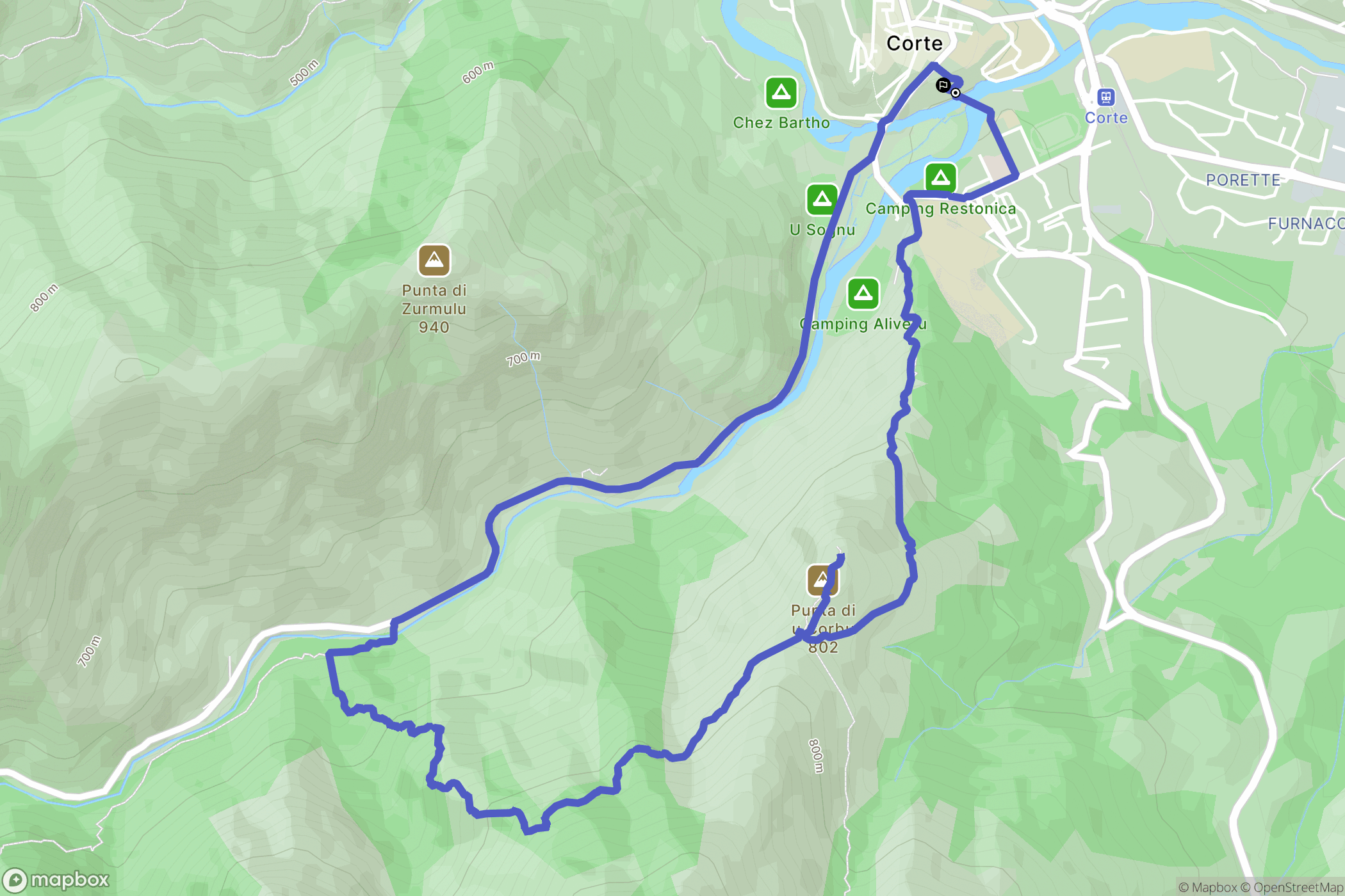 Corte : carte du parcours de randonnée - France
