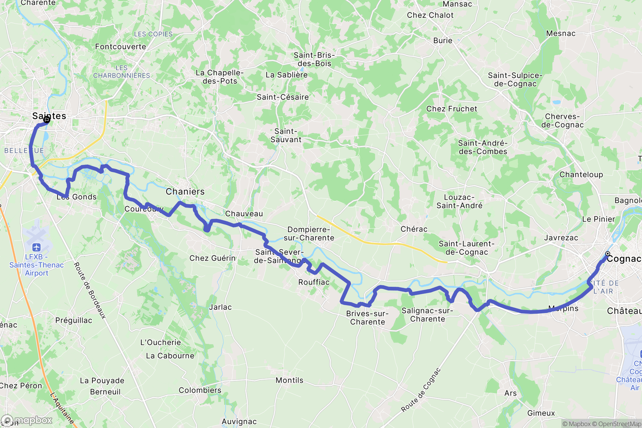 Cognac : carte du parcours de randonnée - France