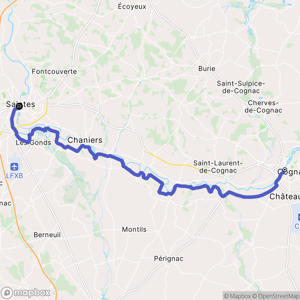 Cognac : carte du parcours de randonnée - France