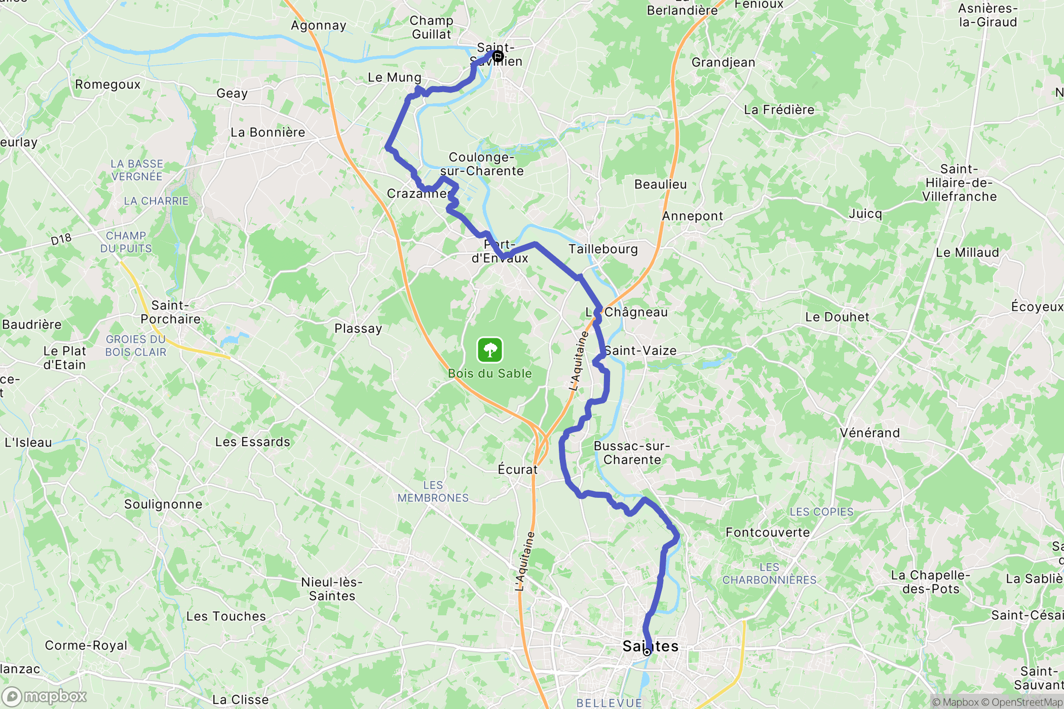 Saintes : carte du parcours de randonnée - France