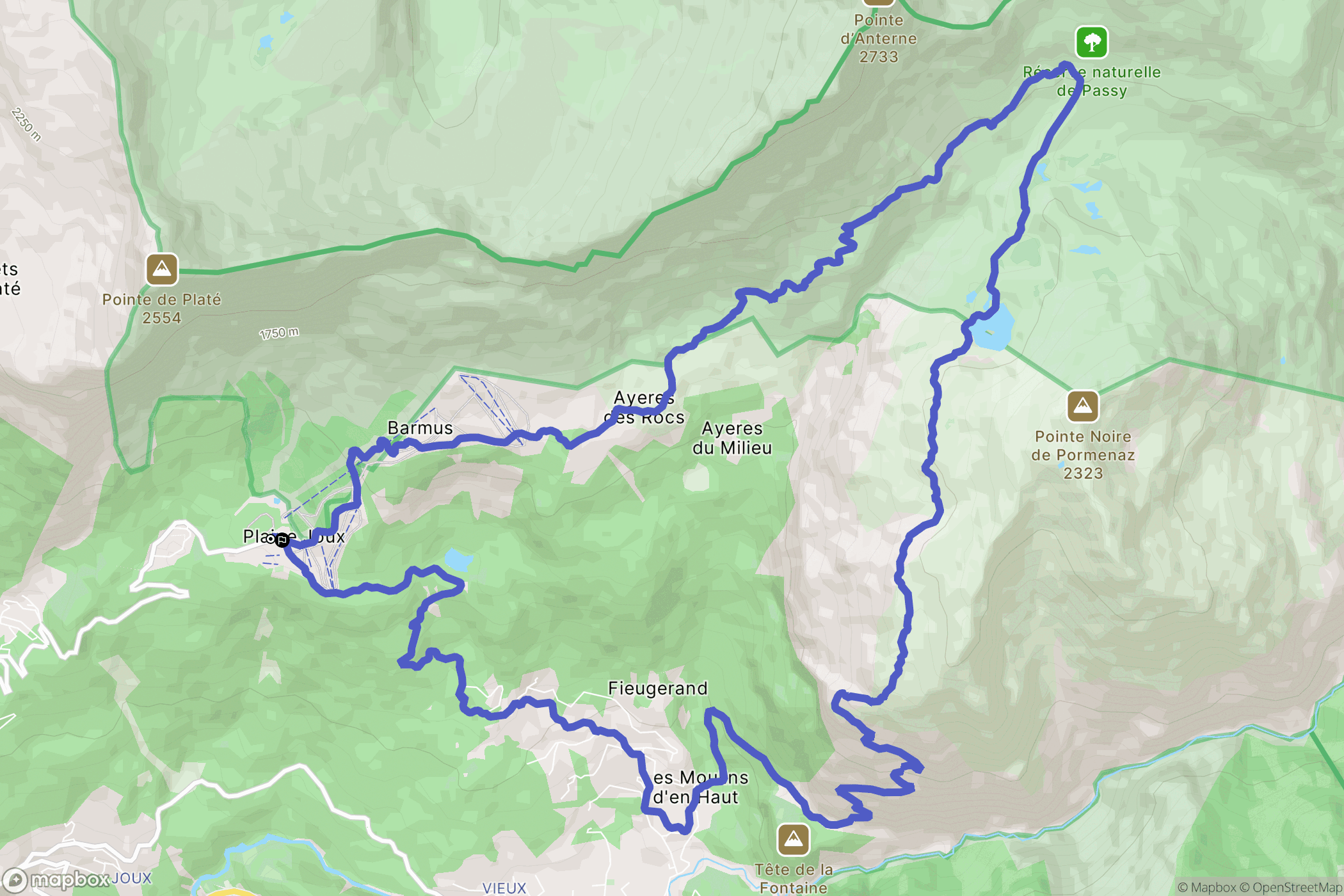 Passy - Plaine Joux : carte du parcours de randonnée - France