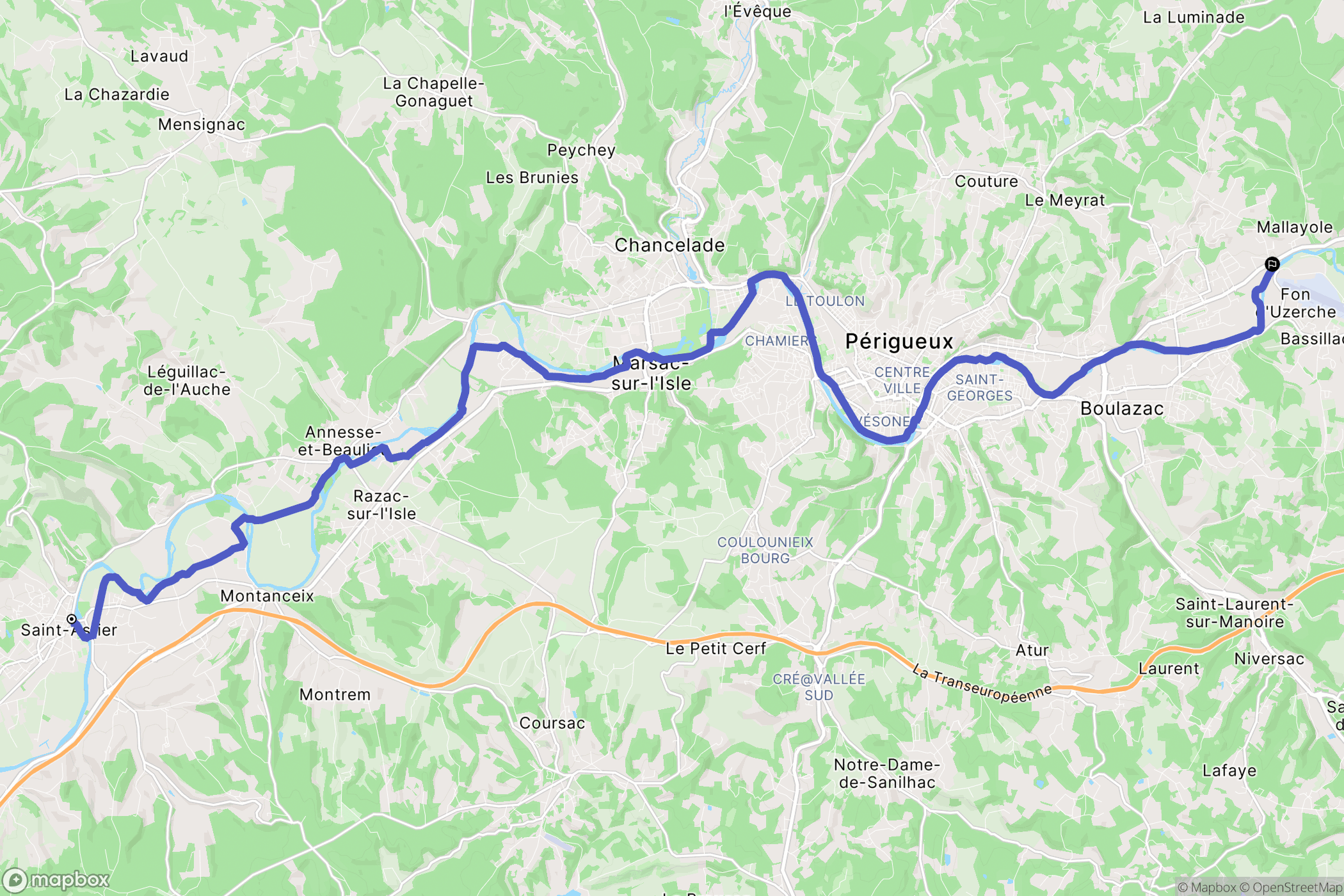 Saint-Astier : carte du parcours de randonnée - France