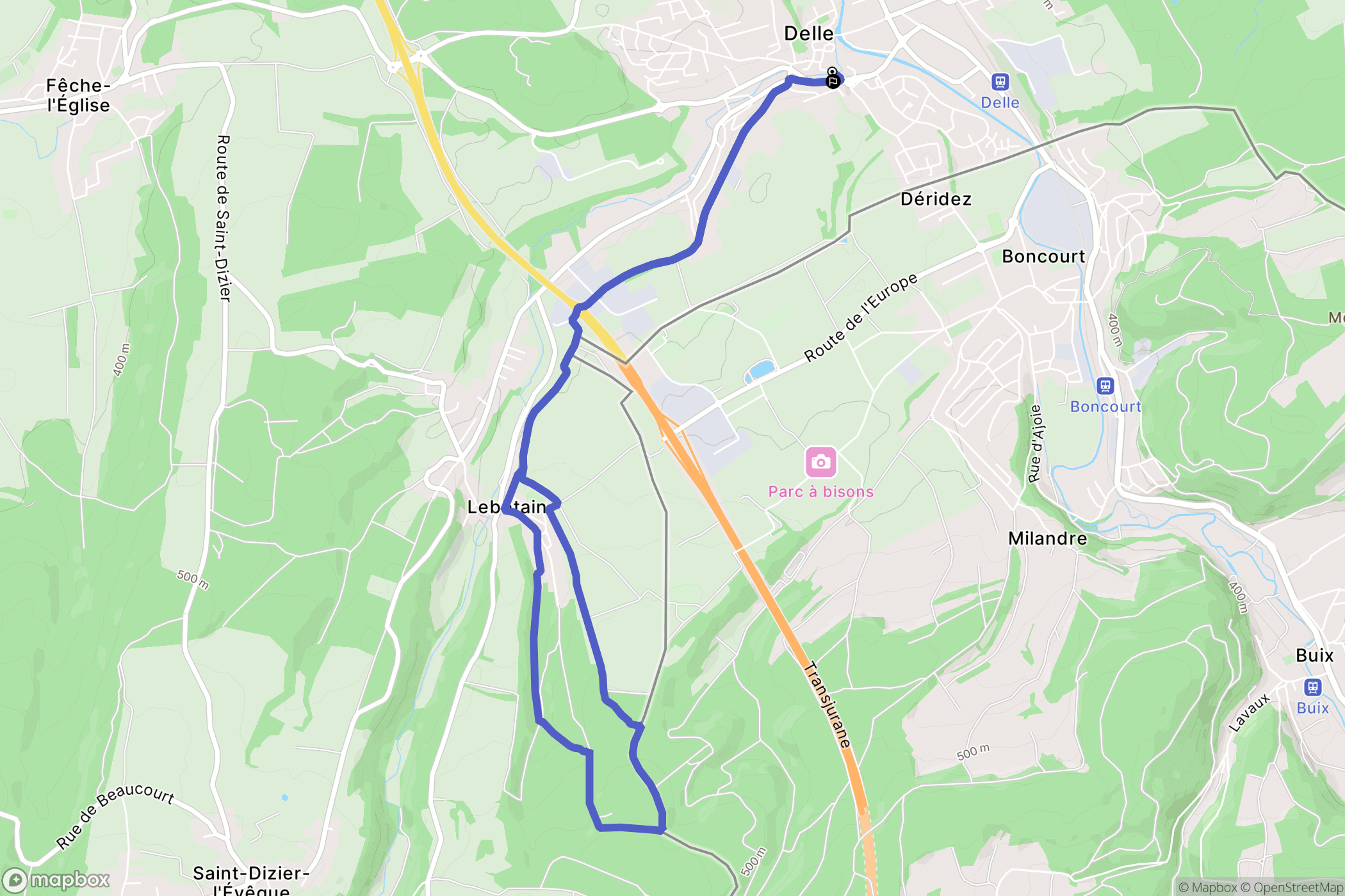 Delle : carte du parcours de randonnée - France