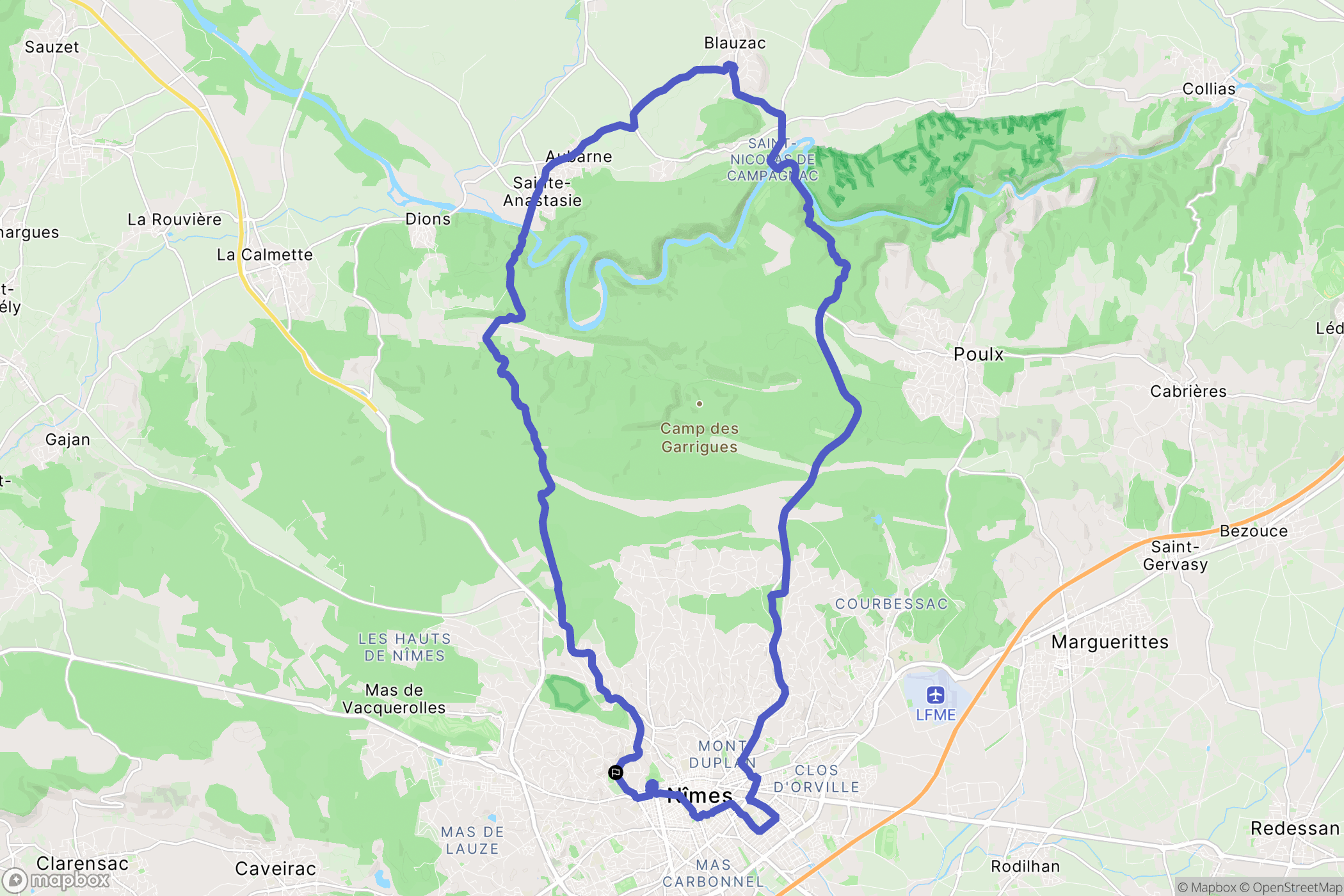 Nîmes : carte du parcours de randonnée - France