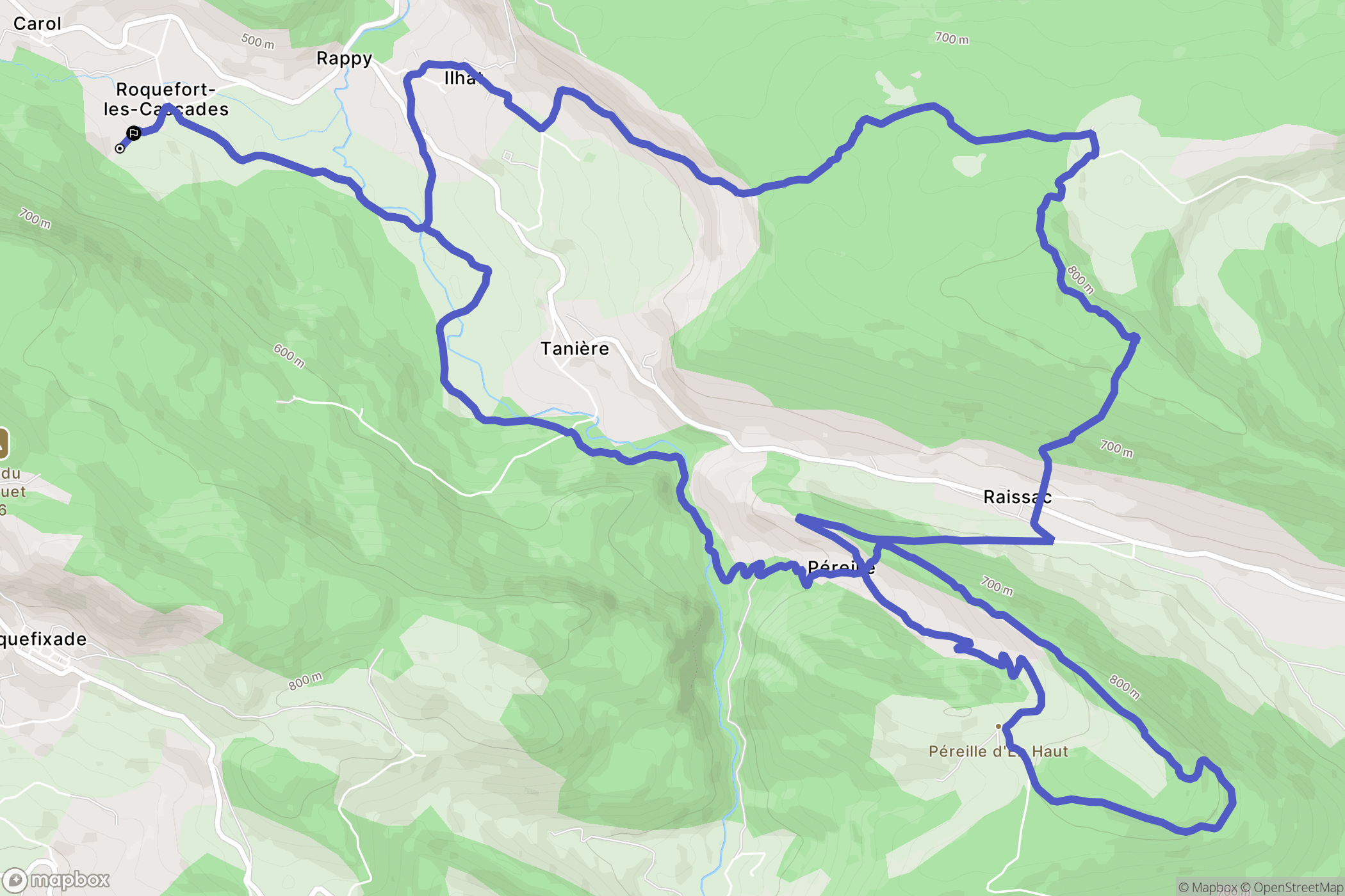 Roquefort-les-Cascades : carte du parcours de randonnée - France